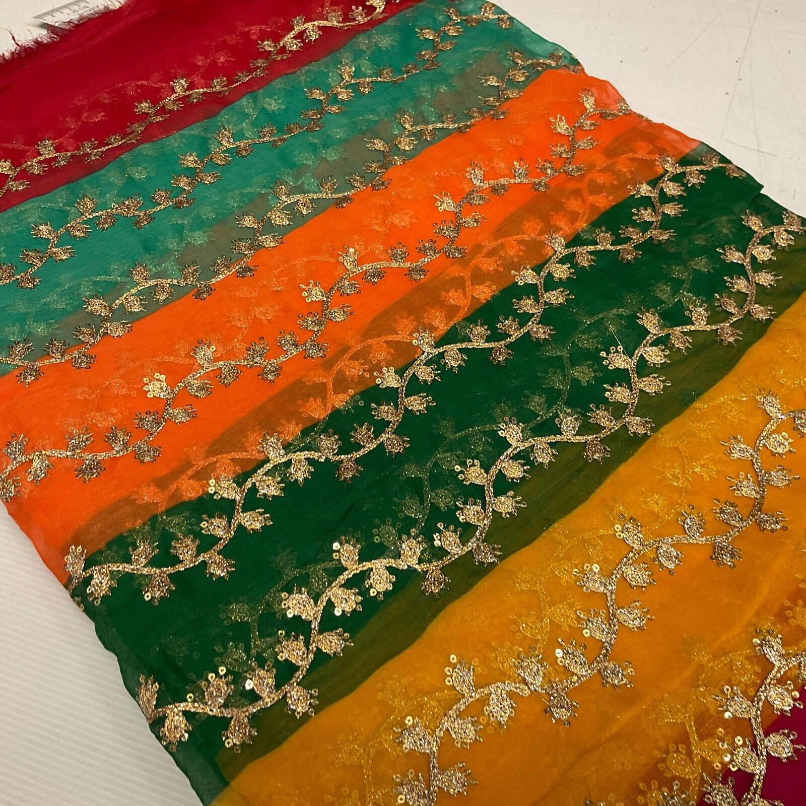 Indian Multicoloured Gold Embroidered Chiffon Skirt Fabric 100cm M1697 Mtex
