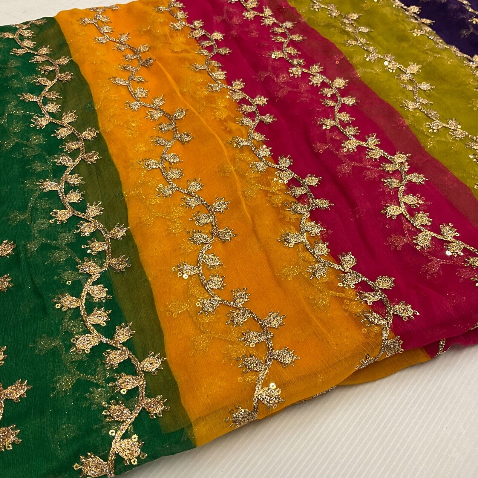 Indian Multicoloured Gold Embroidered Chiffon Skirt Fabric 100cm M1697 Mtex