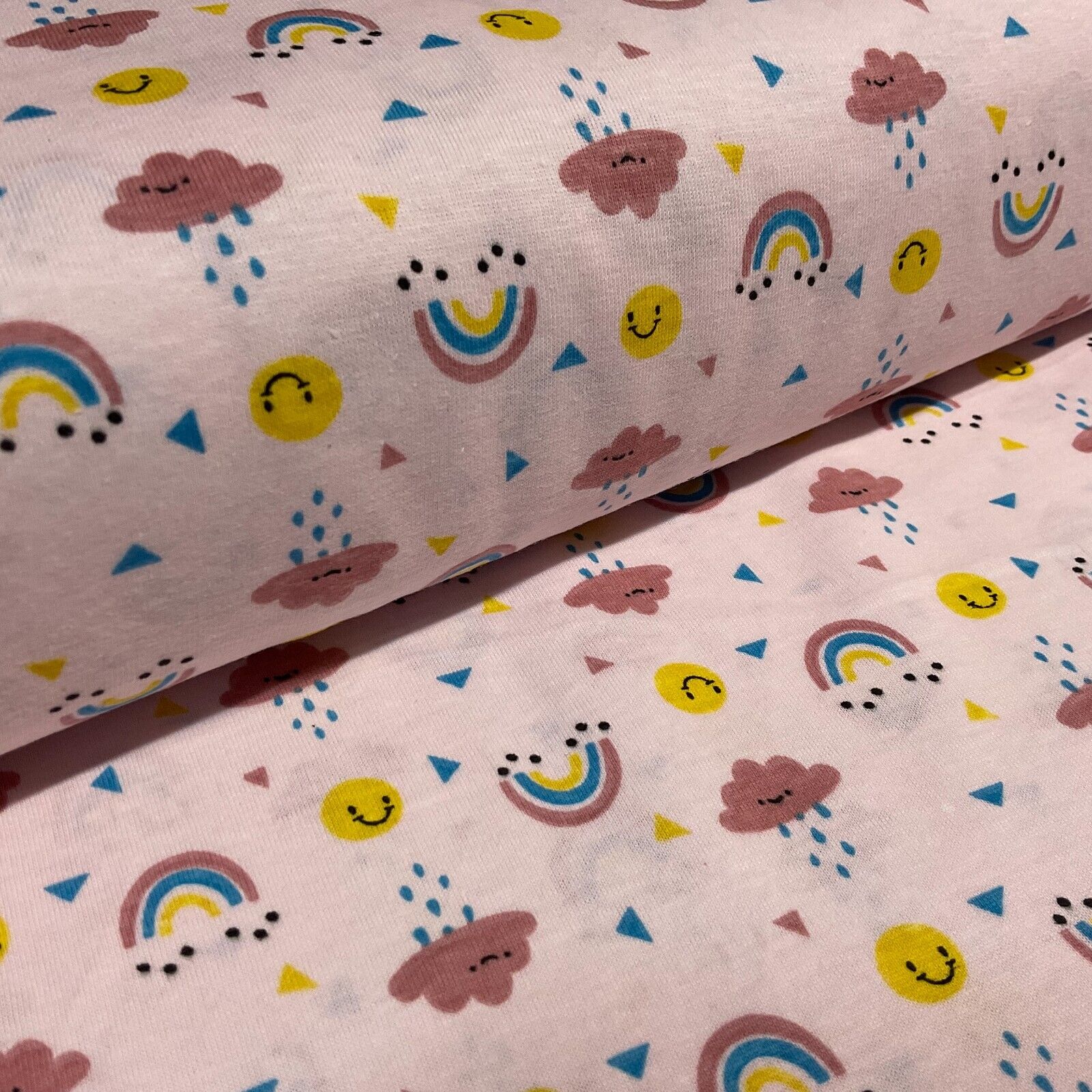 Children's Happy Rainbow Cloud cotton stretch jersey novelty dress fabric M1714