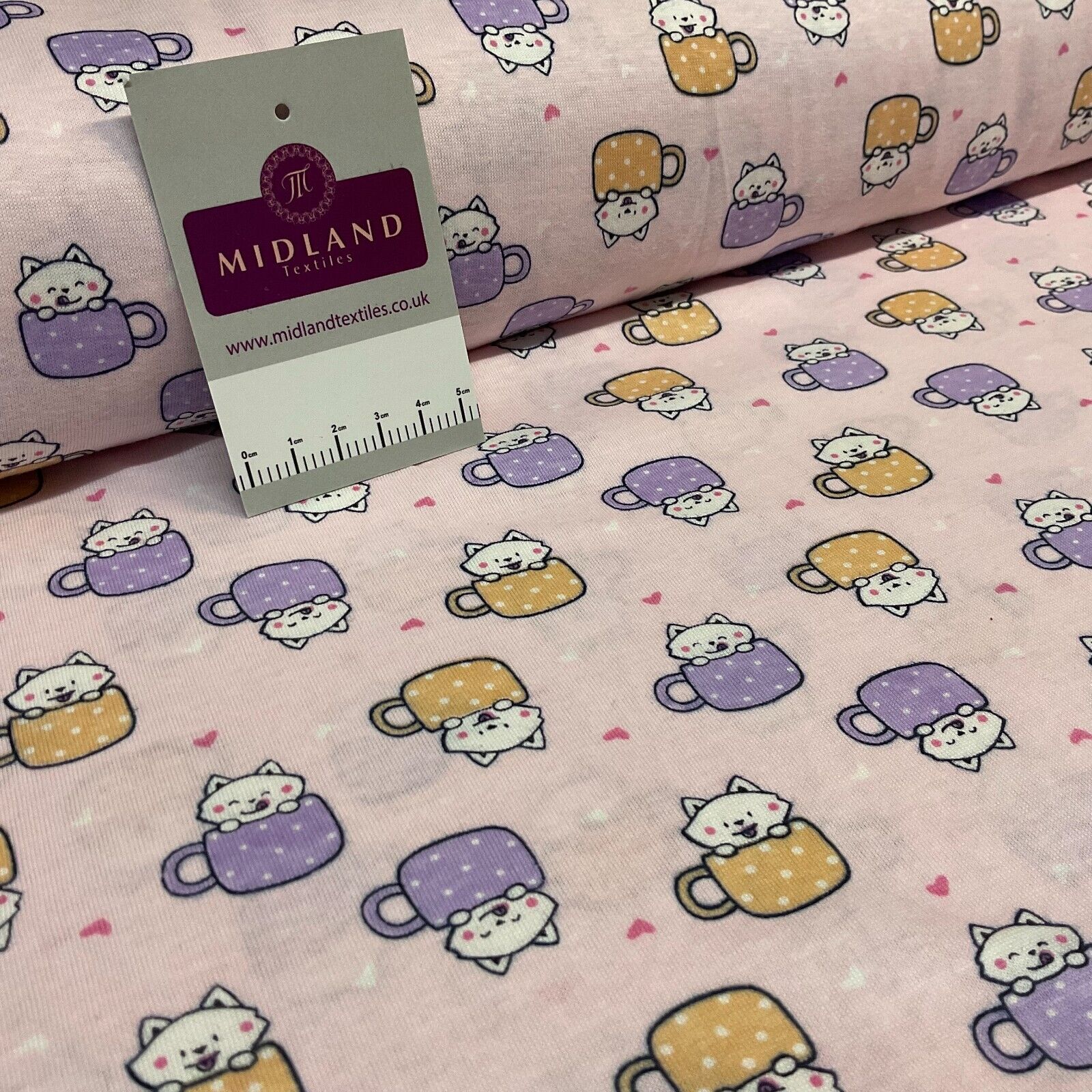 Children's Kitten Kitty Cup cotton stretch jersey novelty dress fabric M1716