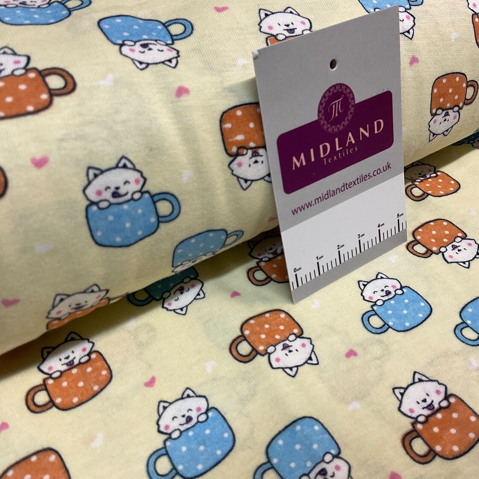Children's Kitten Kitty Cup cotton stretch jersey novelty dress fabric M1716