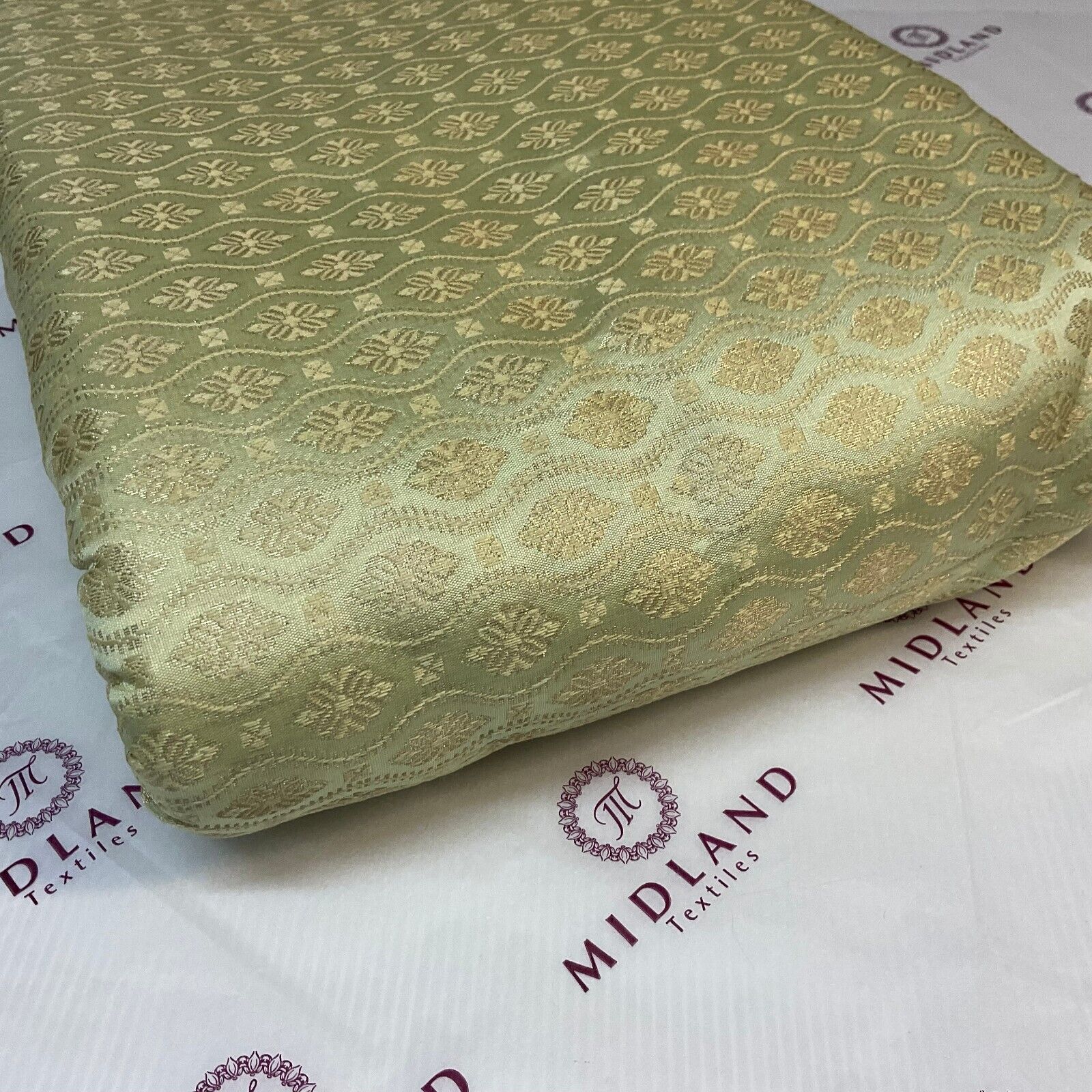 Pistachio Indian floral wedding Banarsi Brocade Fabric 114cm wide M1777
