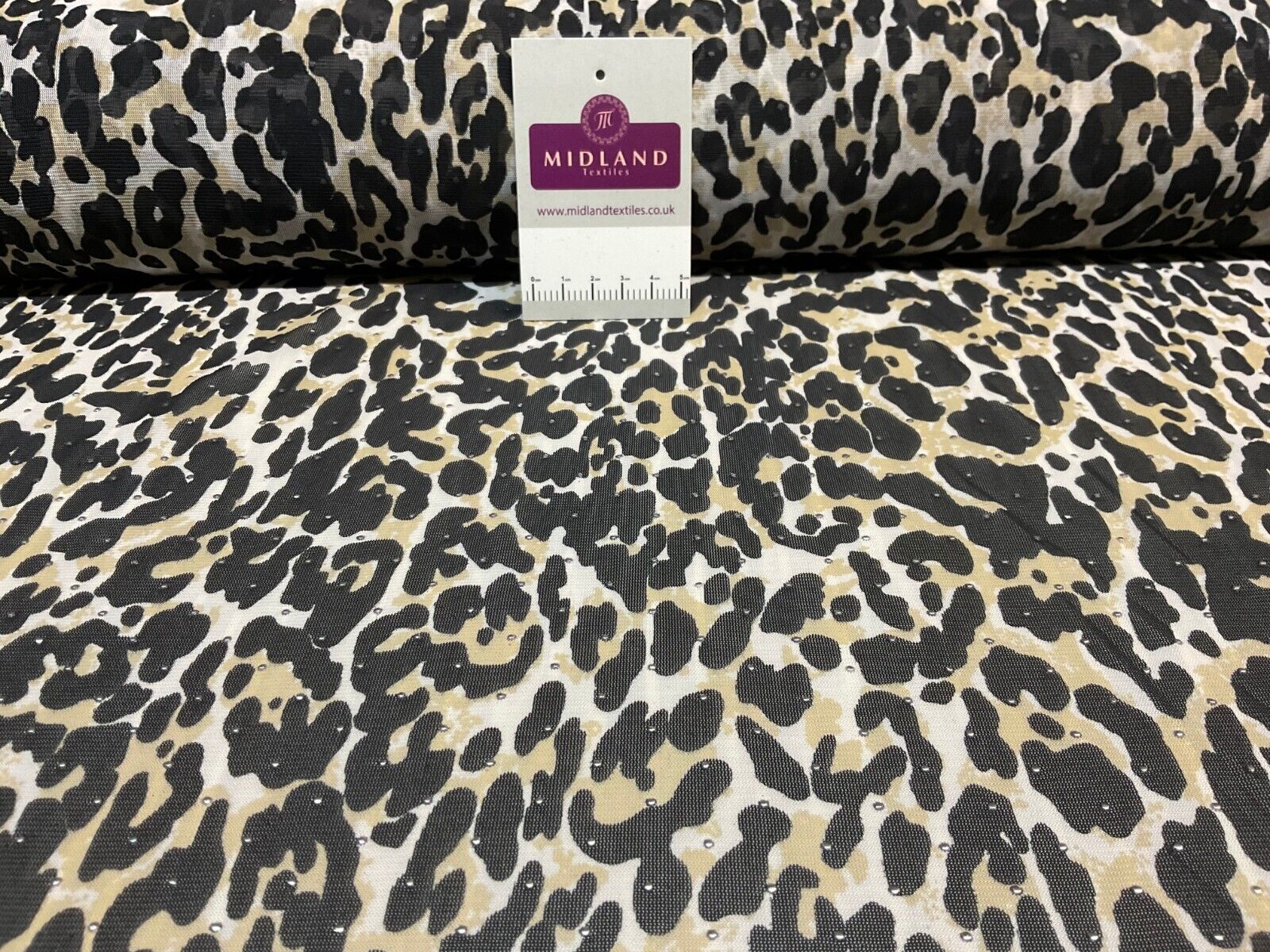 Silver dot on Cream Leopard Animal powermesh Stretch Dress Fabric M1785