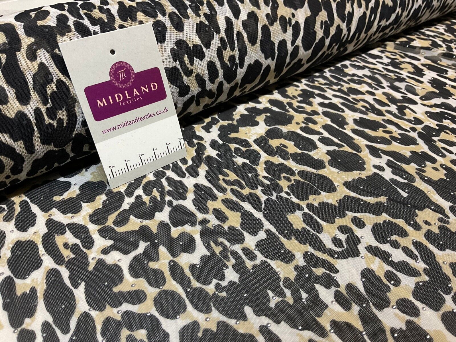 Silver dot on Cream Leopard Animal powermesh Stretch Dress Fabric M1785