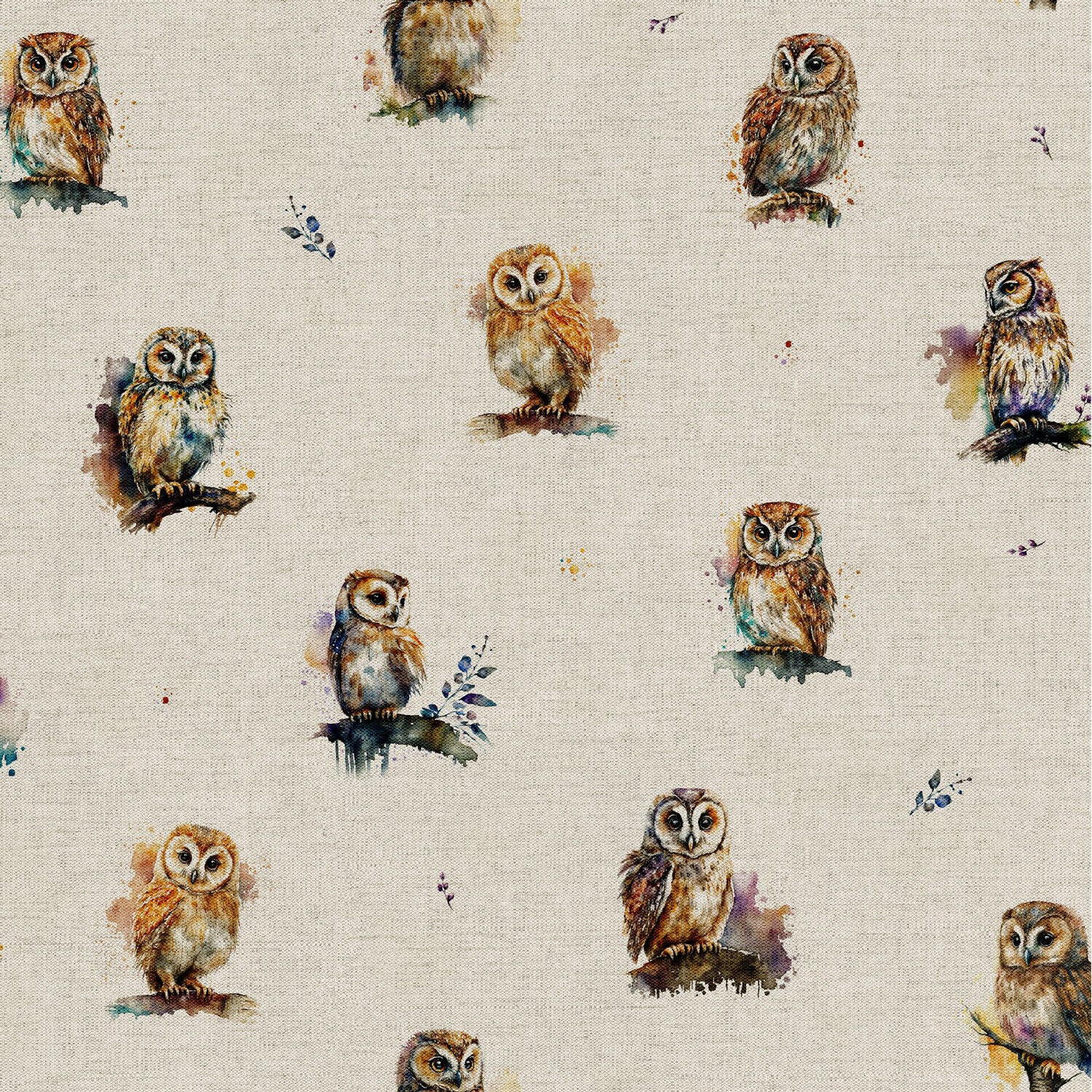 Owls Mice Robins Birds Cotton Rich Linen Look Cushion Covers fabric M1795