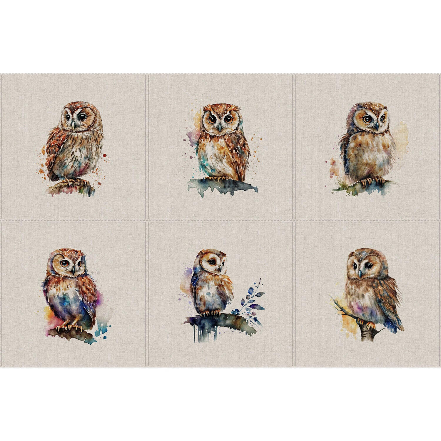 Owl Panel cushion linen look Cotton Rich Bird Birds Panel fabric M1794-2