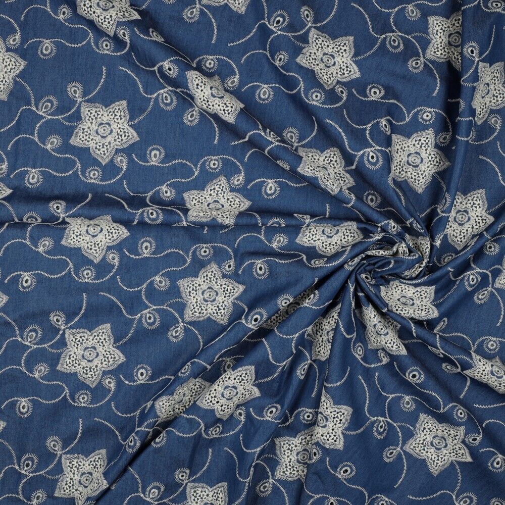 Blue Denim intricate Embroidery Boring Dress Skirt jacket fabric M1810