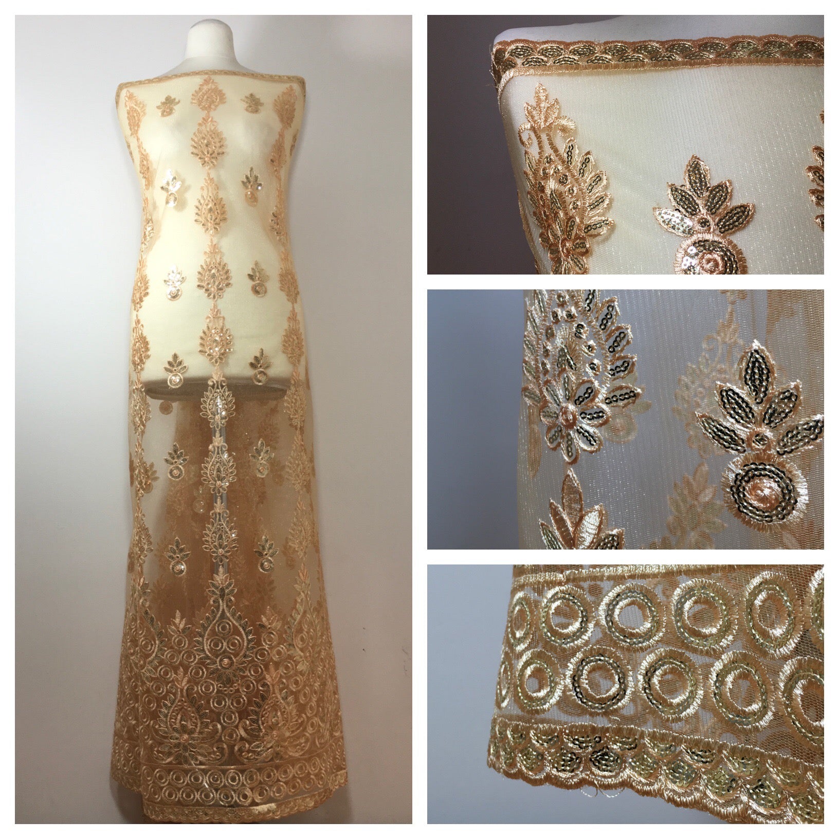 Golden Embroidered Scalloped edge Dress tulle net Fabric 55' Wide M799 Mtex