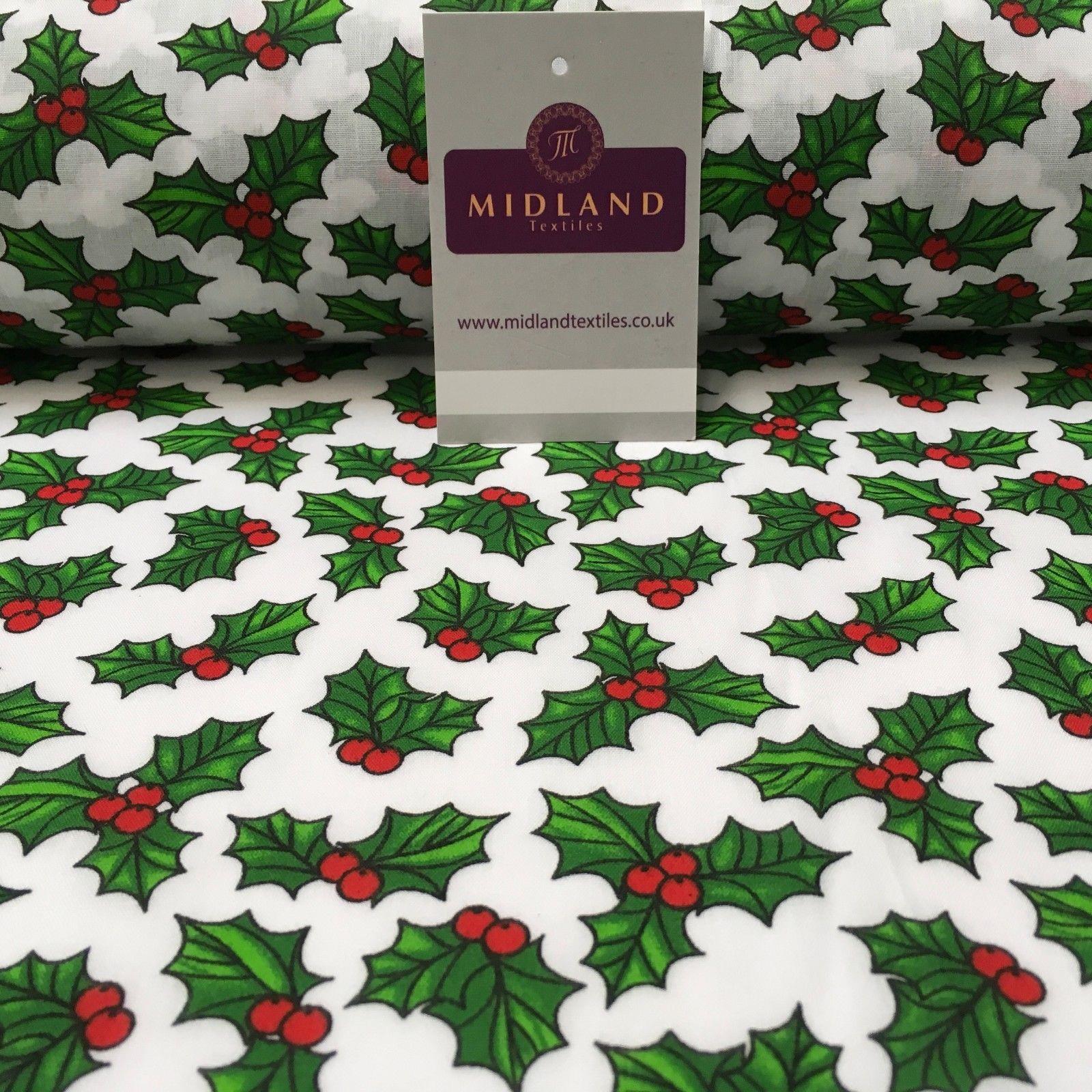 Holly Berry Leaves Christmas printed Polycotton fabric 45" Wide MD944 Mtex
