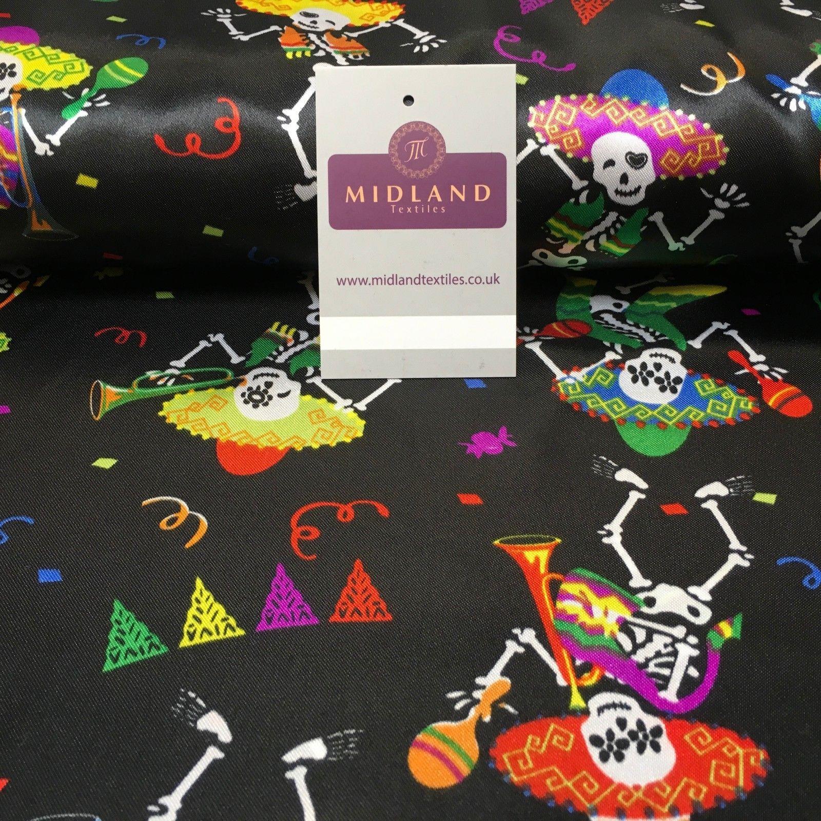 Black Satin Printed Mexican Halloween Skeleton Fabric 58" Wide MH950 Mtex