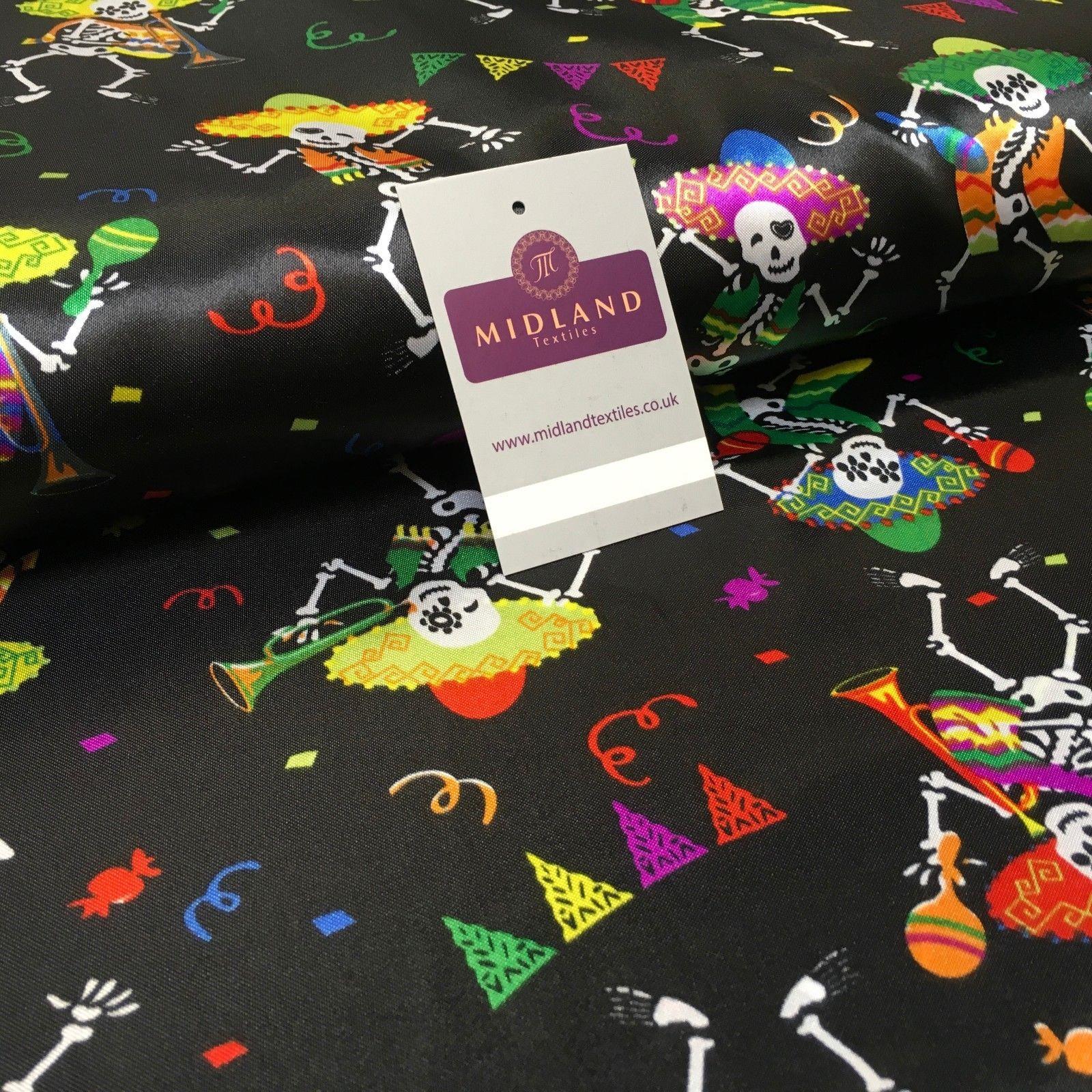 Black Satin Printed Mexican Halloween Skeleton Fabric 58" Wide MH950 Mtex