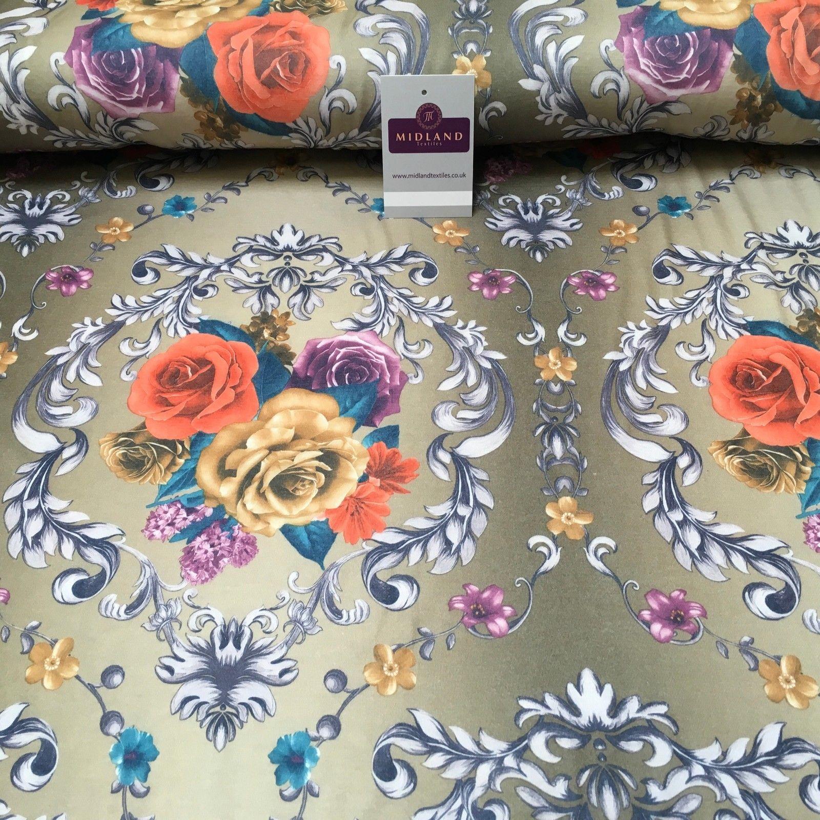 Ecru Floral Printed Cotton Jersey Dress Fabric 55" Wide MK923-10 Mtex