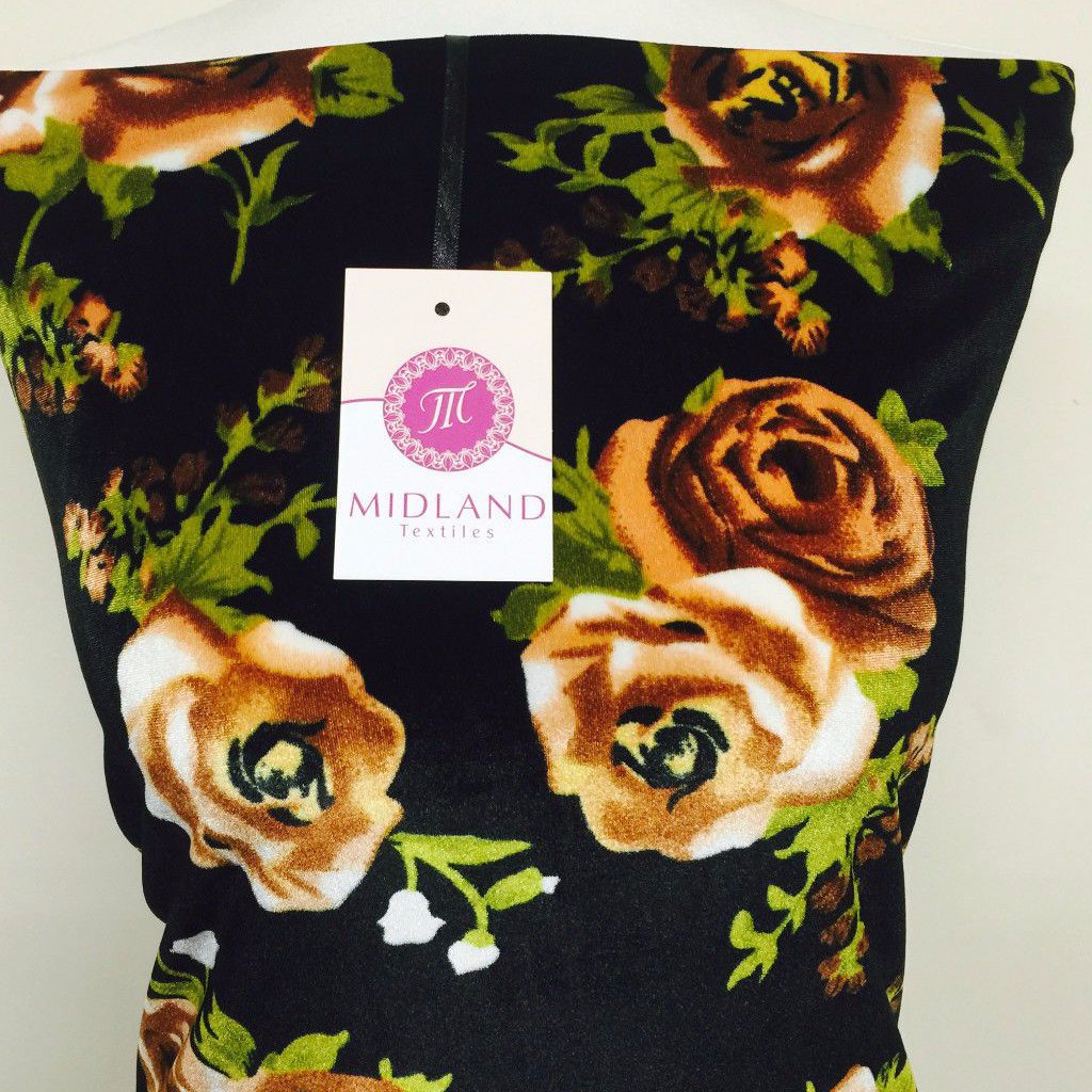 Black Floral Silky Rose Print Spandex Velvet Four Way Stretch 58" M16 Mtex