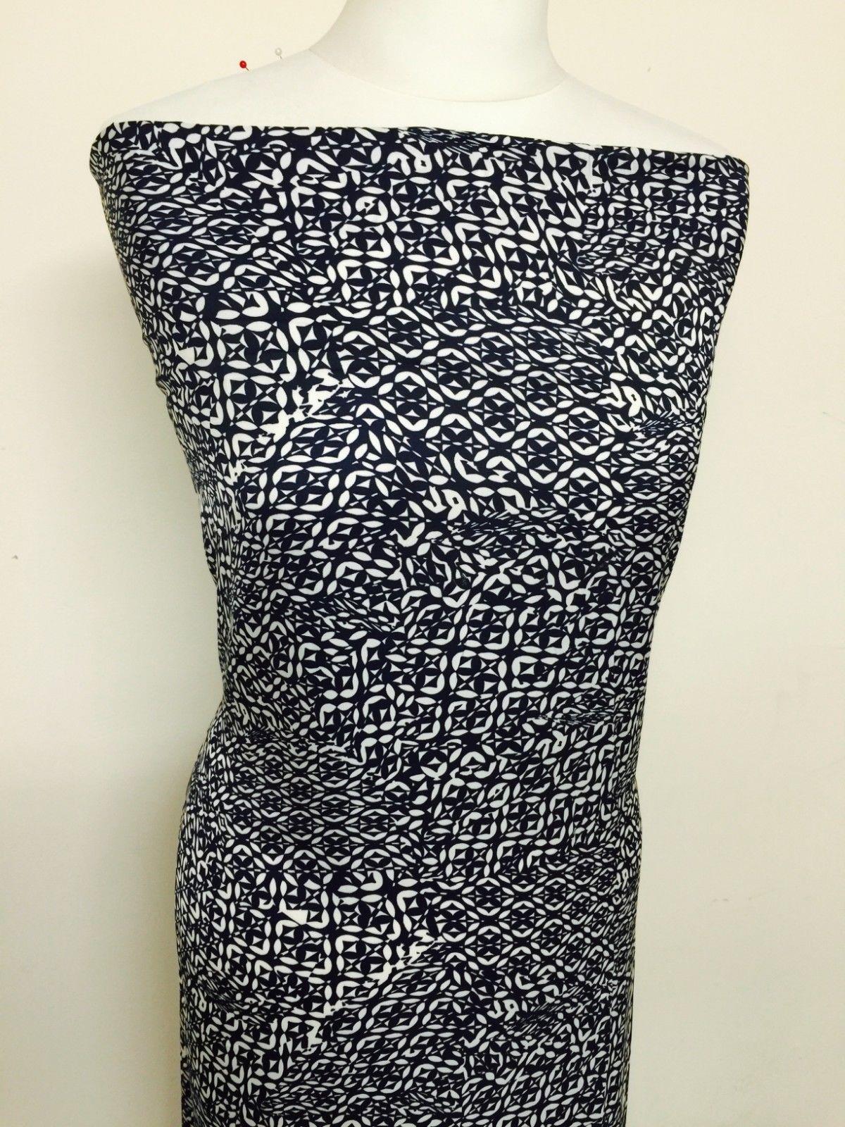 Navy and White aztec print silky polyester Satin crepe fabric 58' Wide M145-30