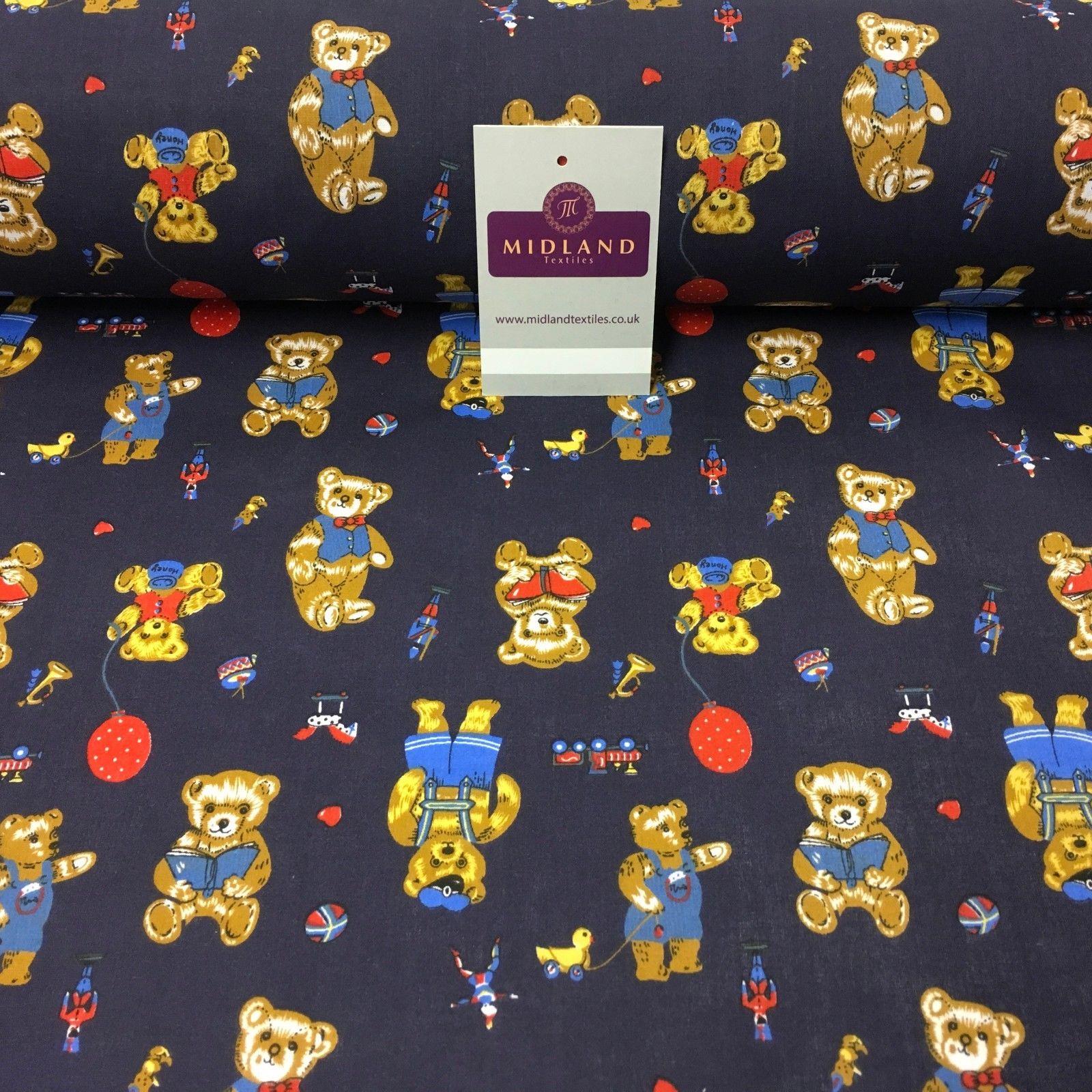 Navy Novelty Teddy with balloon Printed Polycotton fabric 45" Wide MH982 Mtex