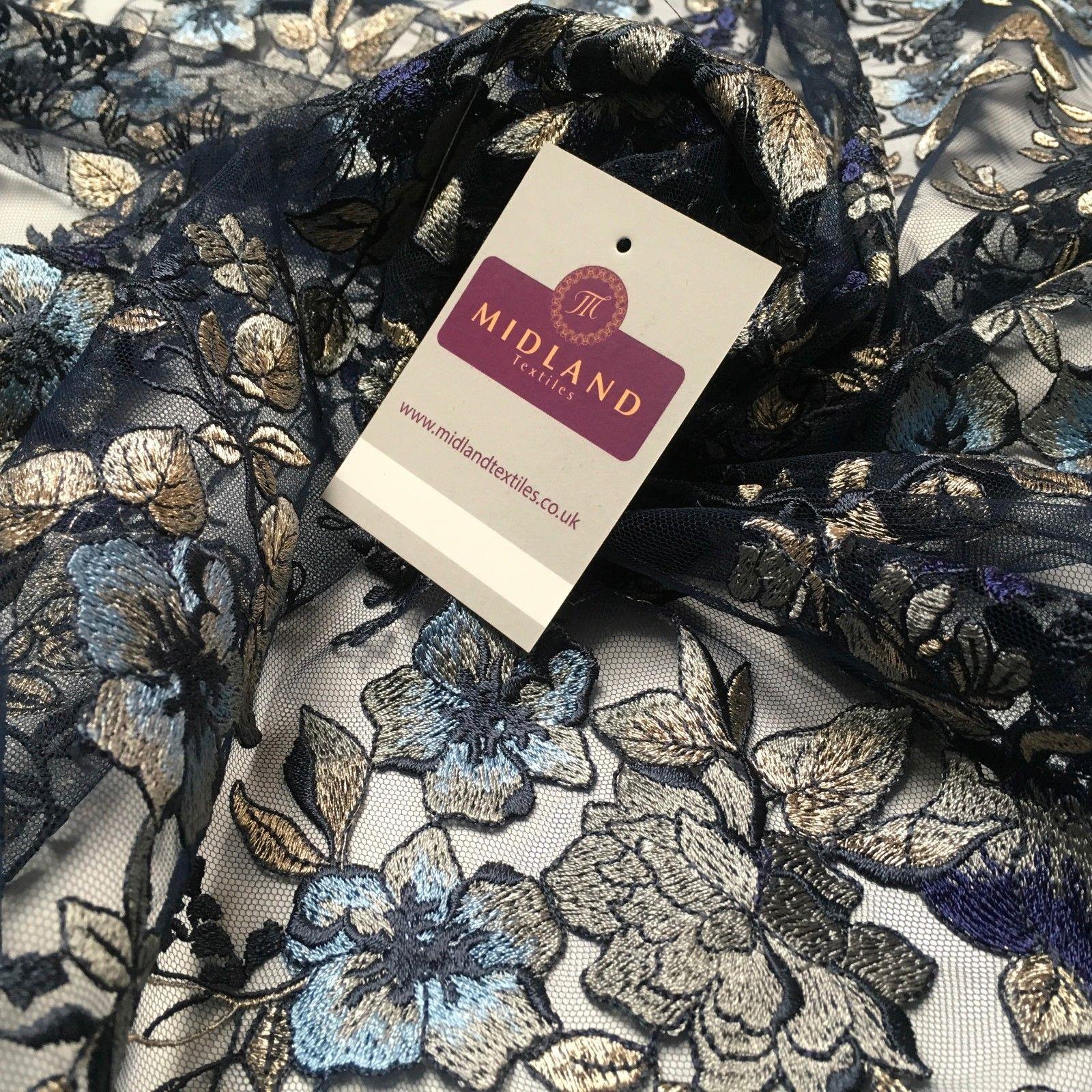 Navy Metallic embroidered Double Scalloped Net dress fabric 55' Wide MV987 Mtex