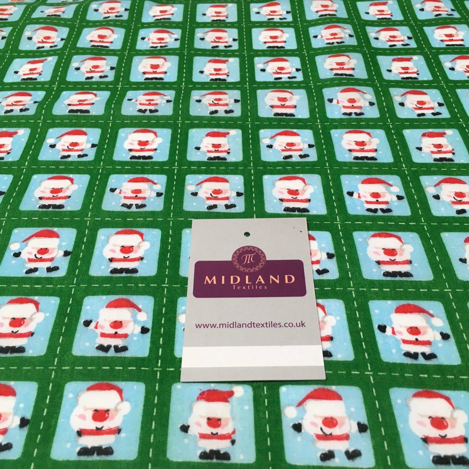 Green Stamp Santa Christmas Polycotton Printed fabric 44' Wide MD1002-1