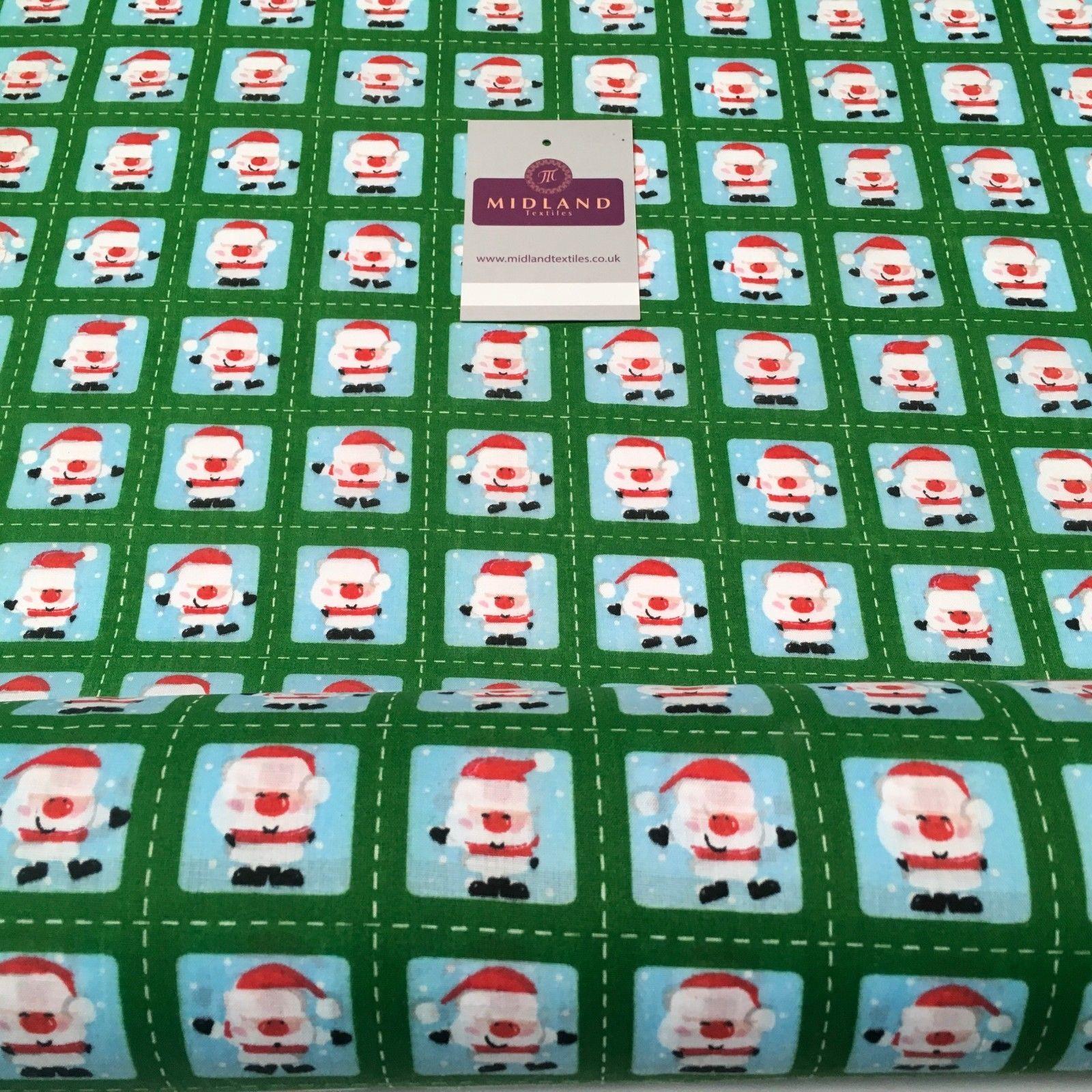 Green Stamp Santa Christmas Polycotton Printed fabric 44' Wide MD1002-1