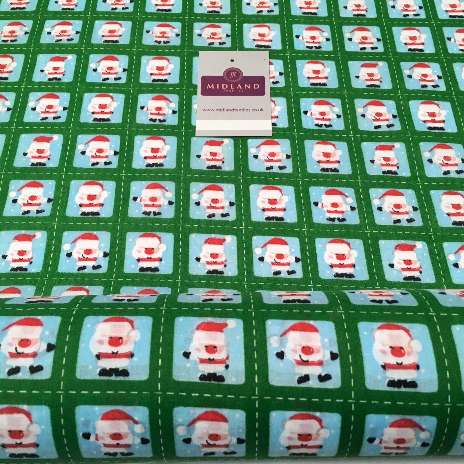 Green Stamp Santa Christmas Polycotton Printed fabric 44" Wide MD1002-1
