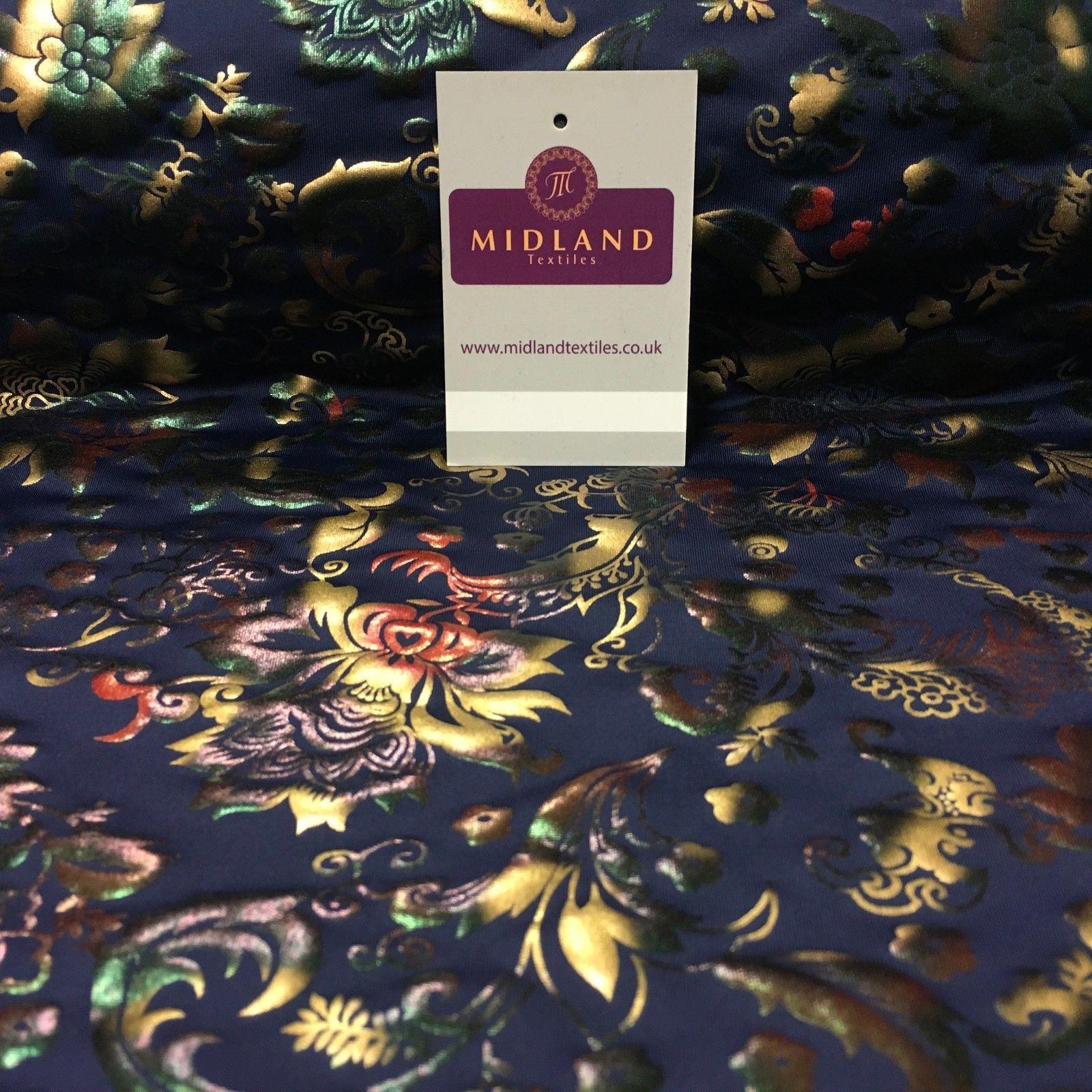 Navy Multicoloured Spandex Jersey Floral Foil Print Dress fabric 58" MU1023-1