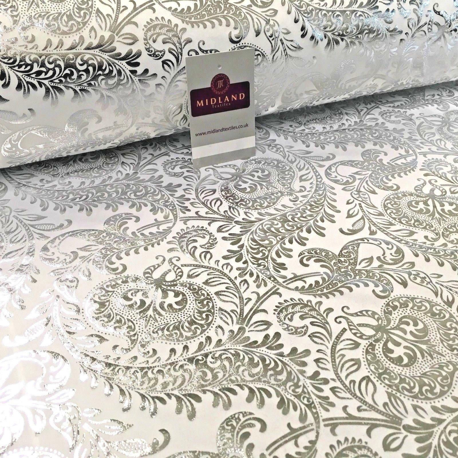 White Silver Ornamental Foil Print Poly Spandex Jersey Dress Fabric 58" MU1021-1