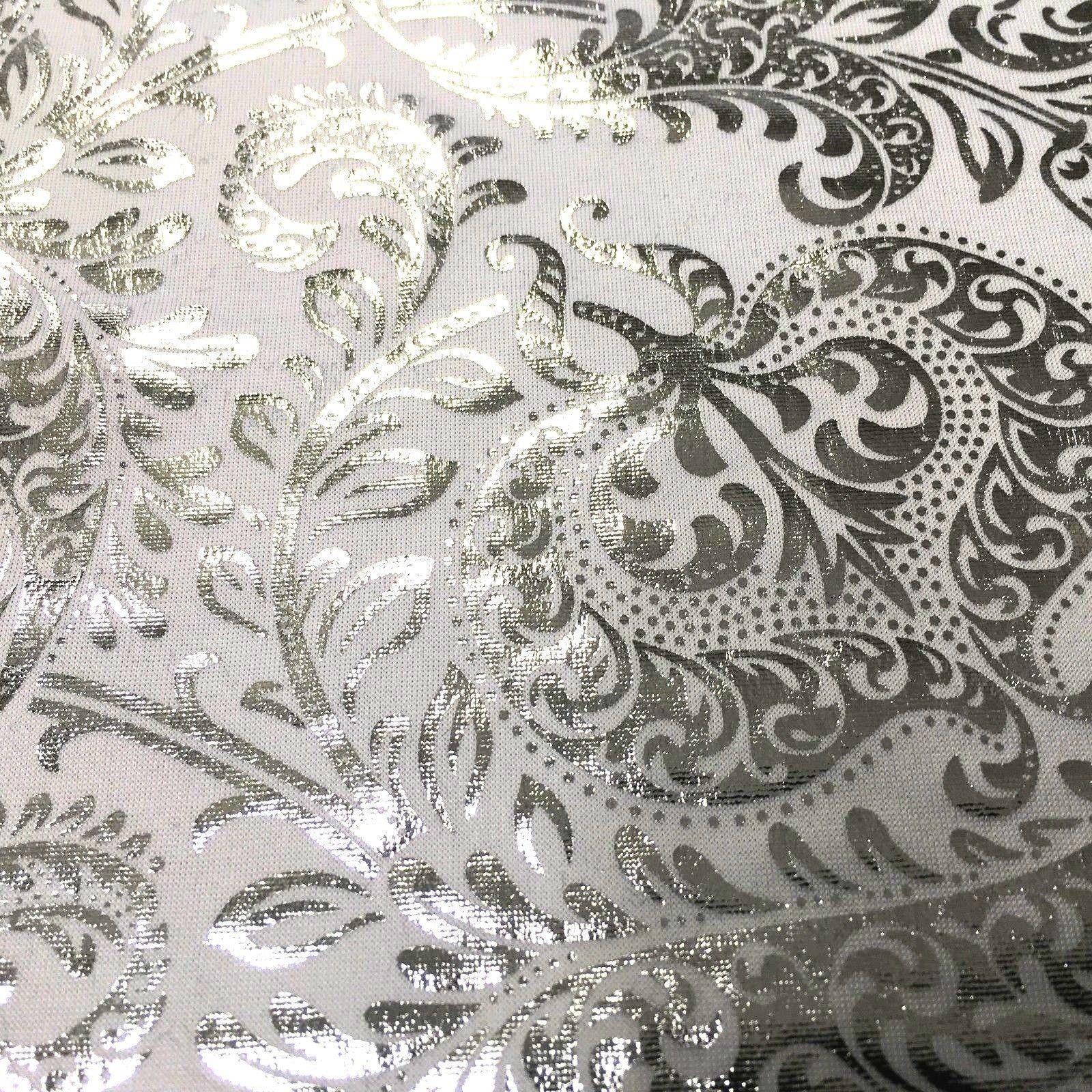 White Silver Ornamental Foil Print Poly Spandex Jersey Dress Fabric 58' MU1021-1