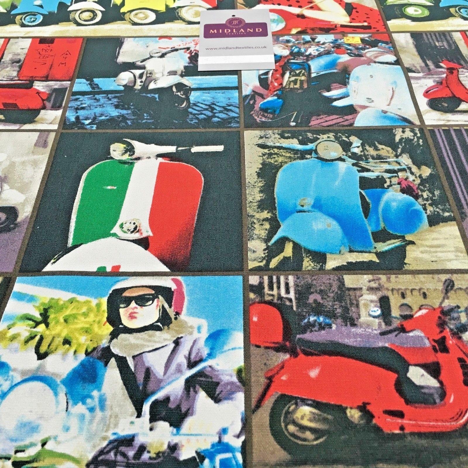 Grey Retro Italian Scooter Printed 100% Cotton Canvas Craft Fabric 58" MK856-15