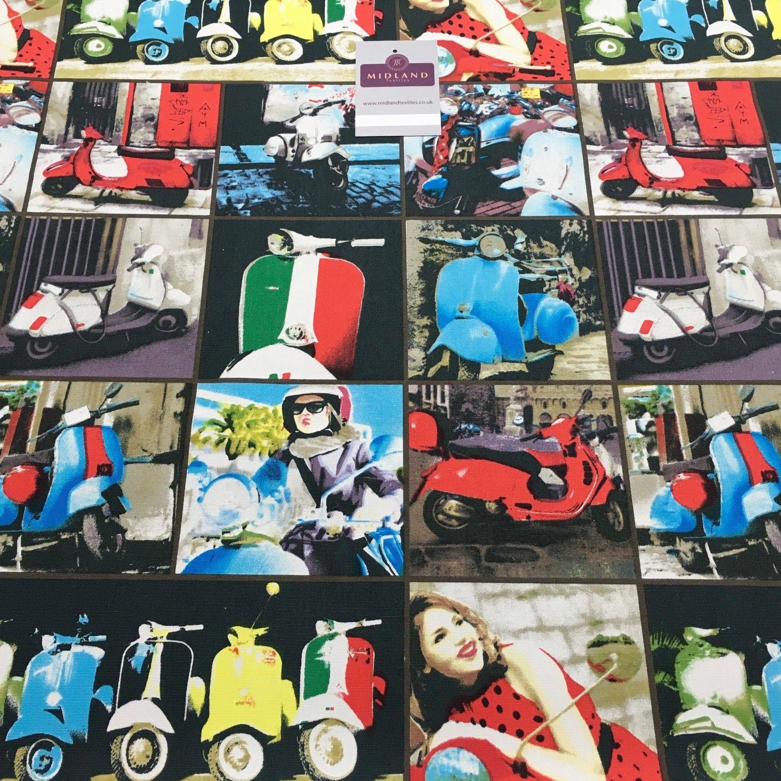 Grey Retro Italian Scooter Printed 100% Cotton Canvas Craft Fabric 58" MK856-15