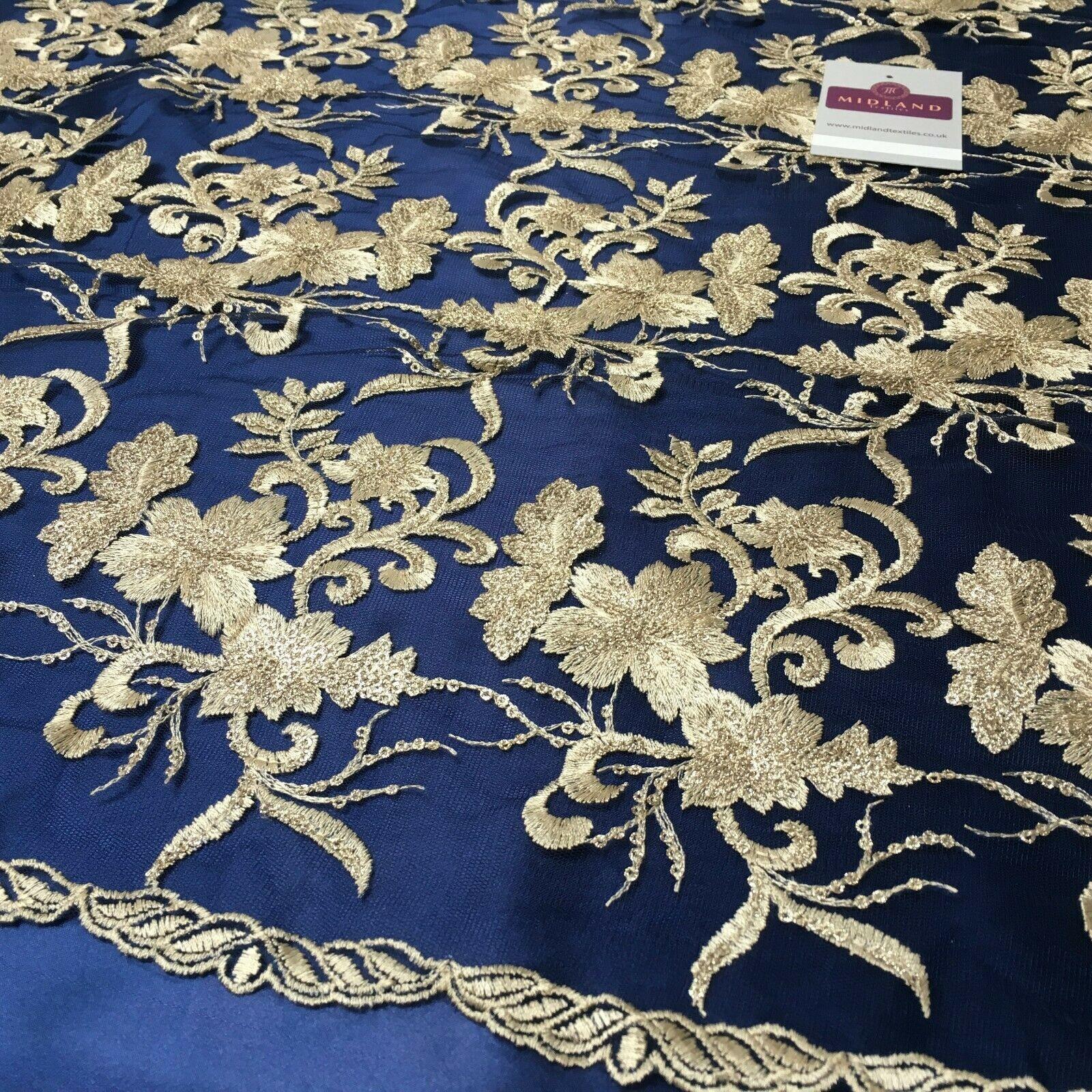 Floral Double Scalloped Gold Thread Embroidered Net Fabric 120cm Wide MJ1070