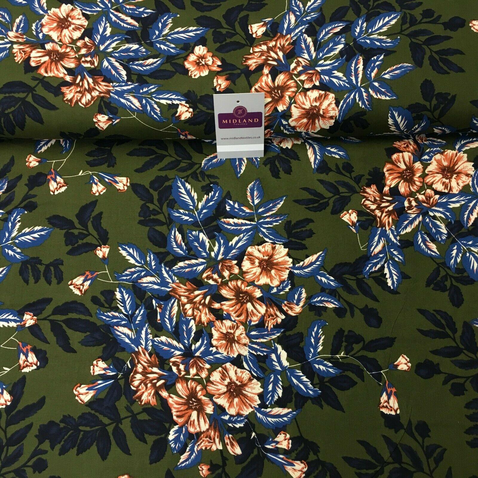 Olive Blue Floral Printed Cotton Linen Dress Fabric 150cm Wide MK1086-7