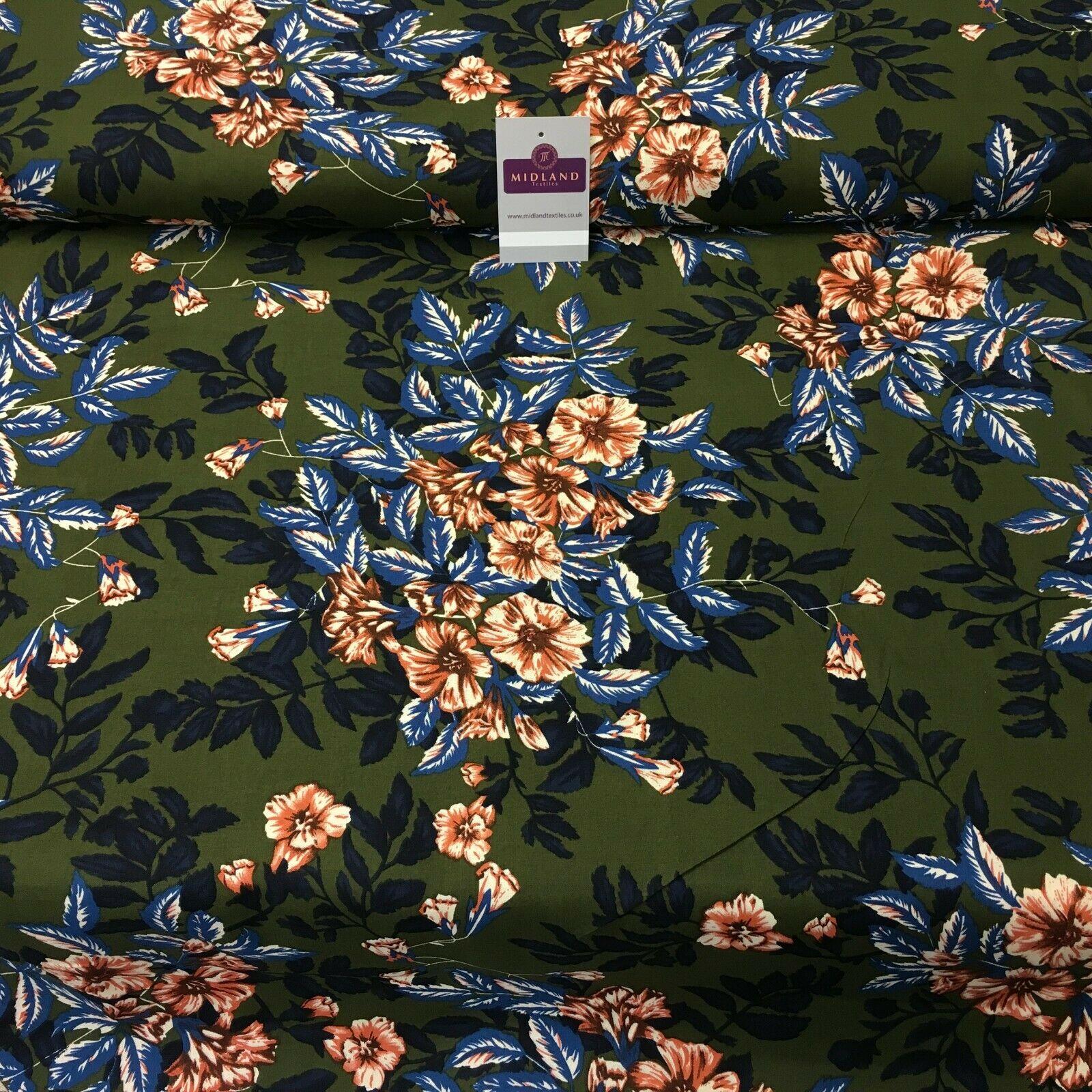 Olive Blue Floral Printed Cotton Linen Dress Fabric 150cm Wide MK1086-7