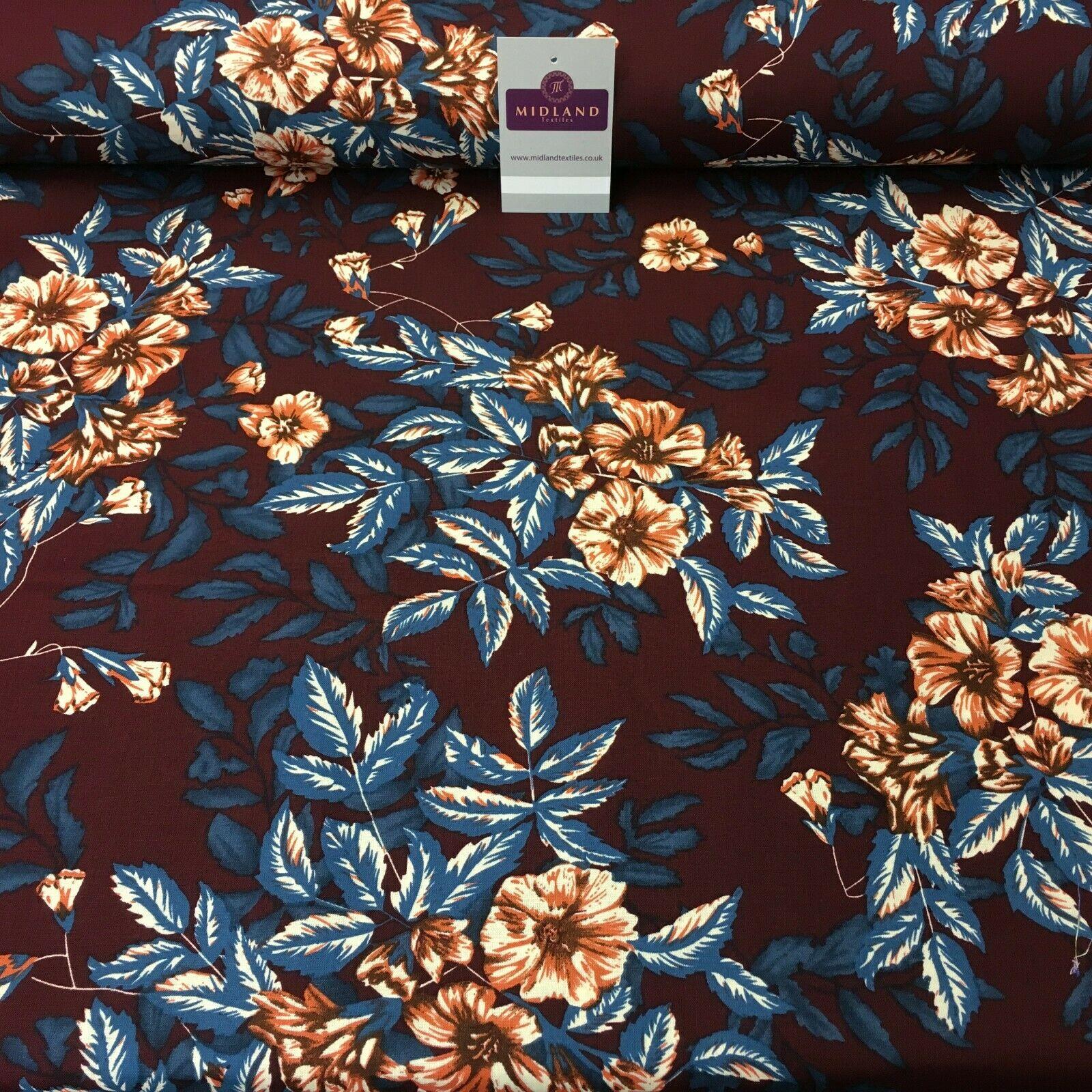 Wine Teal Floral Printed Cotton Linen Dress Fabric 150cm Wide MK1086-9