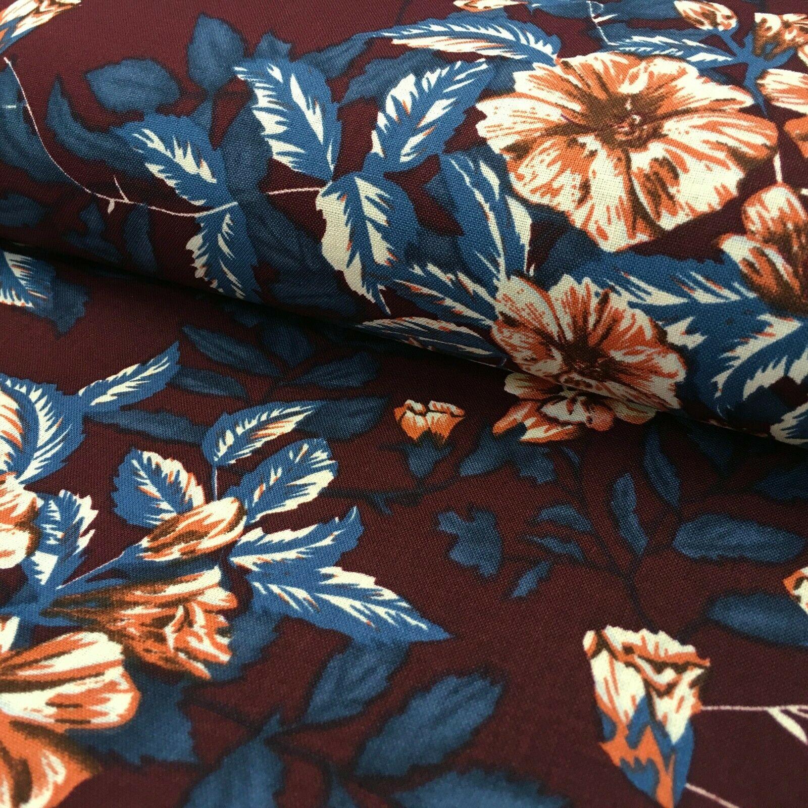 Wine Teal Floral Printed Cotton Linen Dress Fabric 150cm Wide MK1086-9