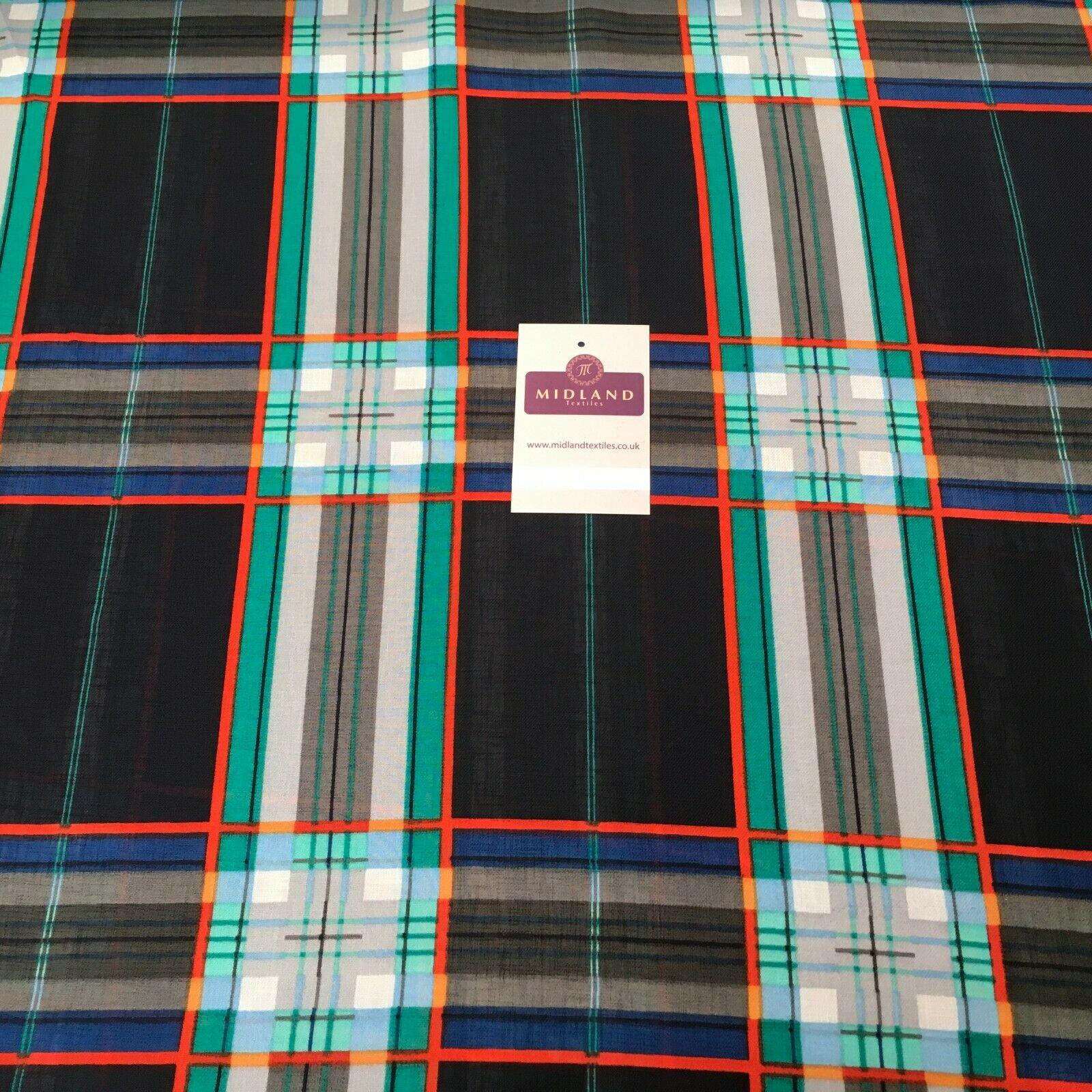 Navy & Jade tartan Georgette crepe Linen effect Fabric 150cm wide MK1095-22