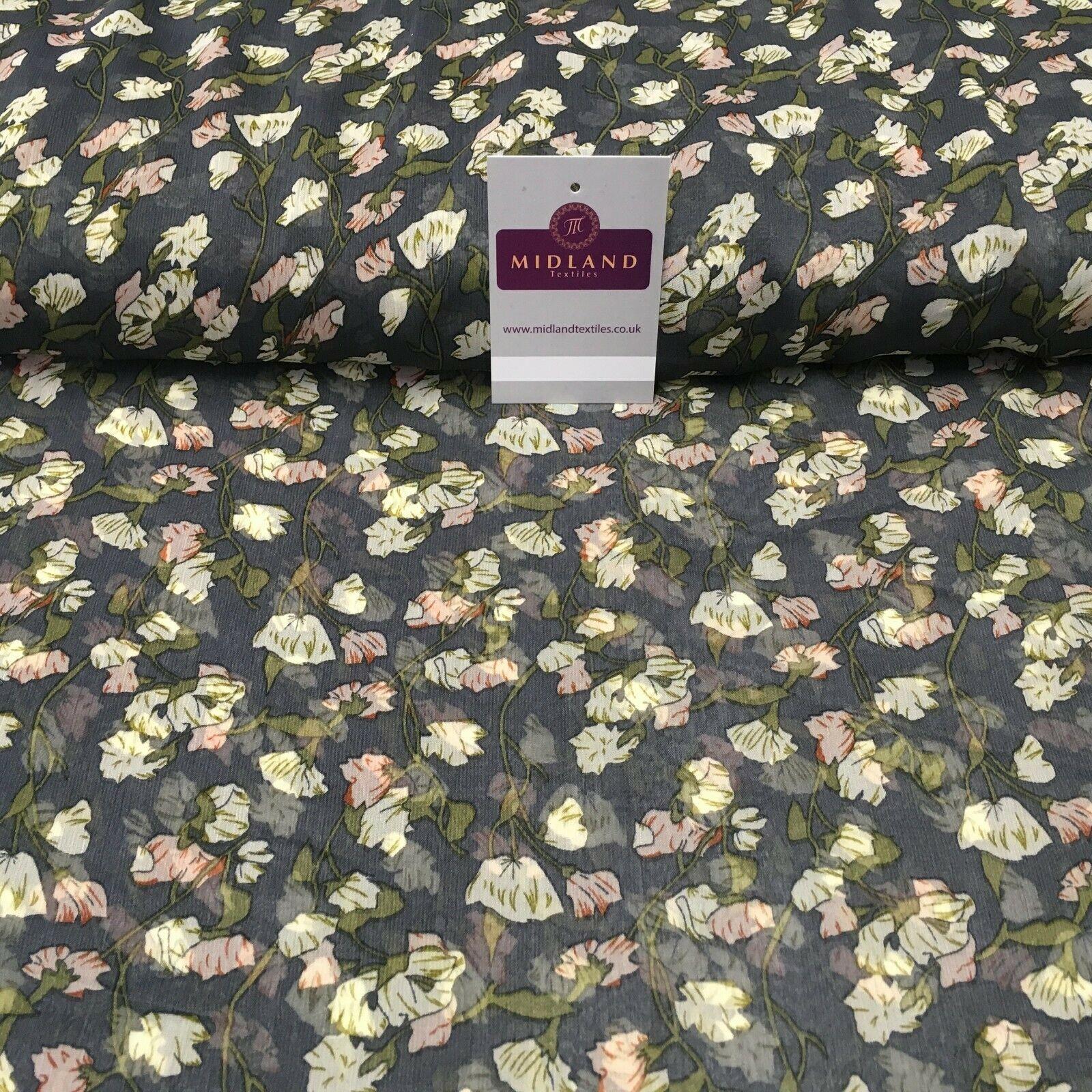 Grey Floral Printed Crinkle Georgette Chiffon Fabric 150cm wide MK1090-25