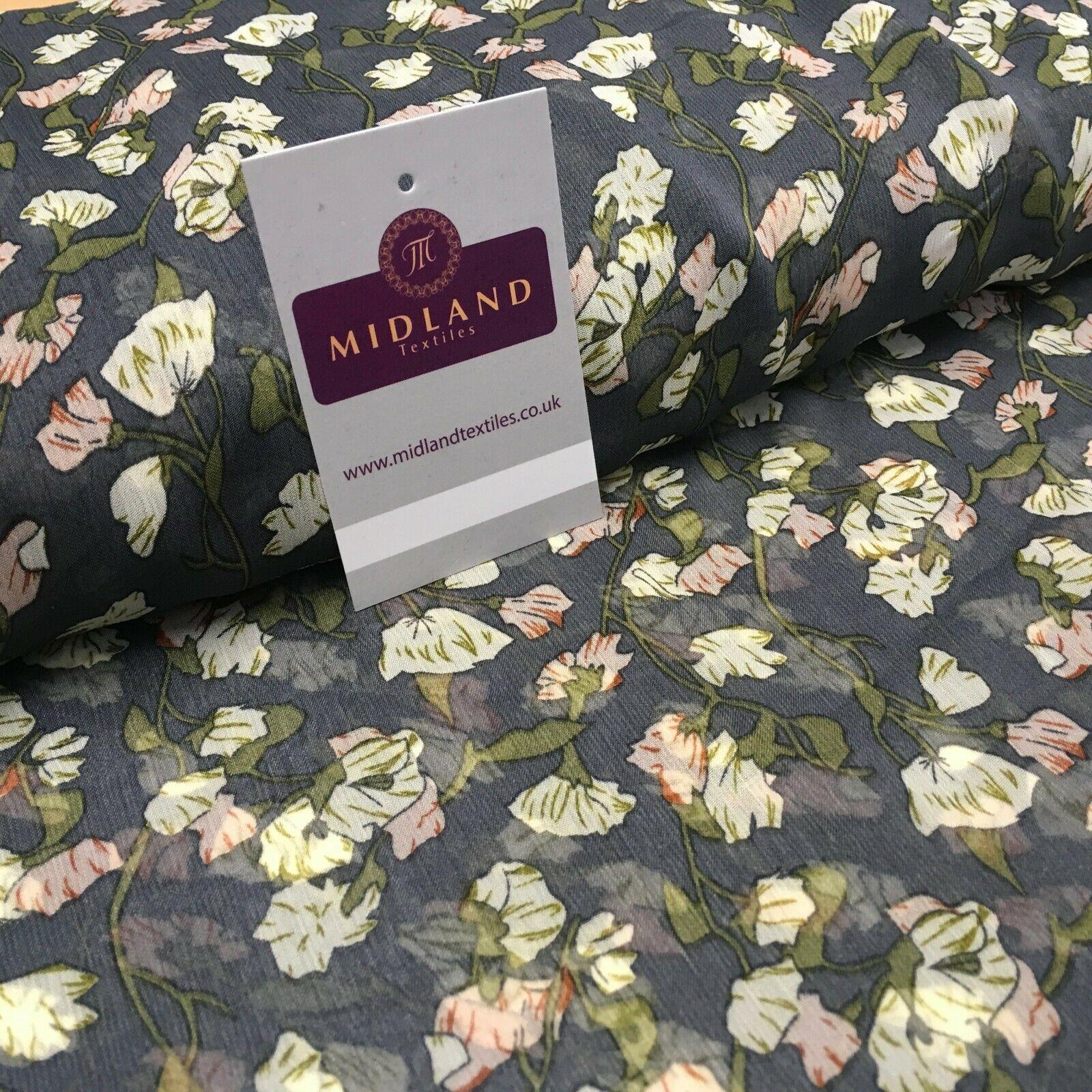 Grey Floral Printed Crinkle Georgette Chiffon Fabric 150cm wide MK1090-25