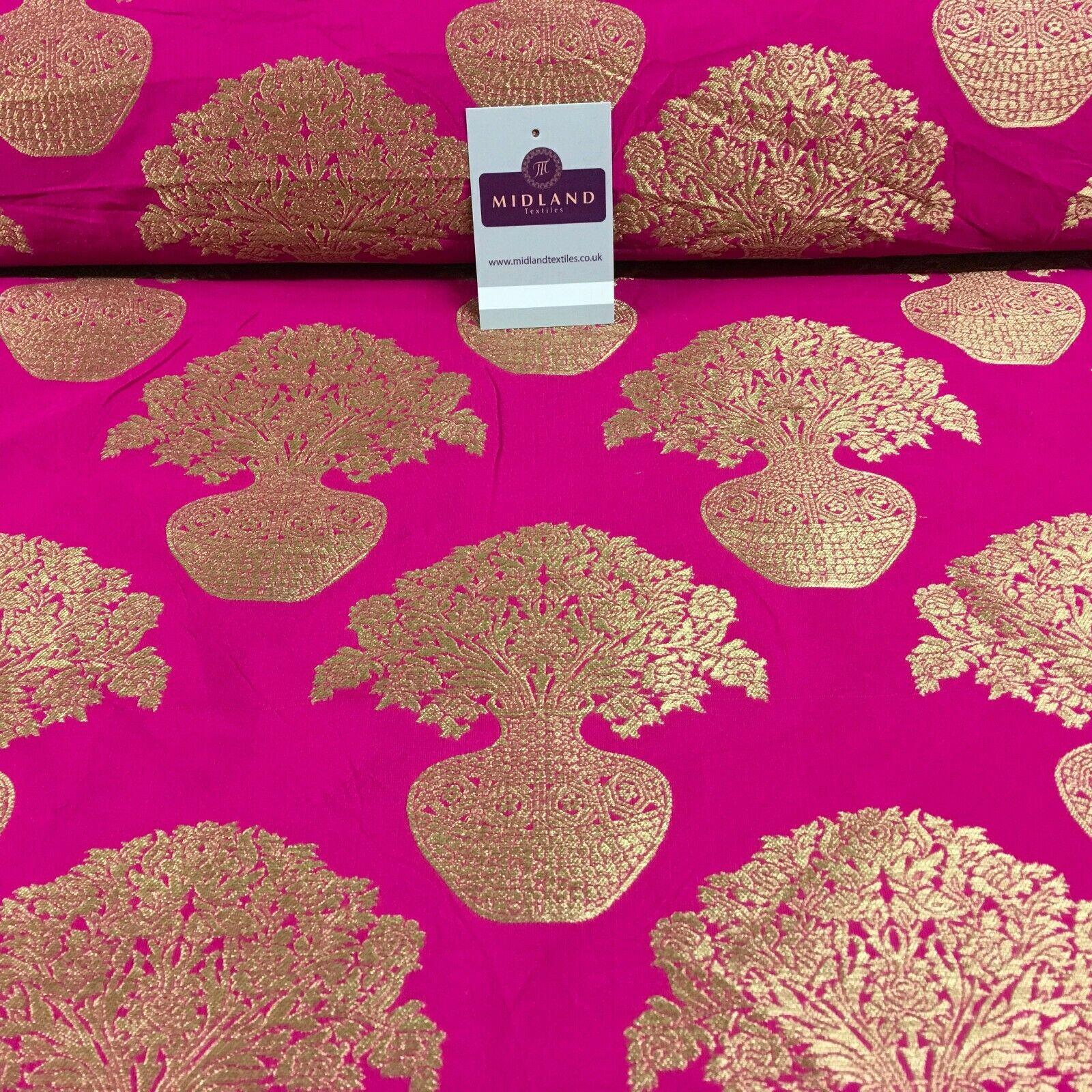 Indian Gold Large Flower Vase Banarsi Brocade fabric 125 cm Wide MN1099 Mtex