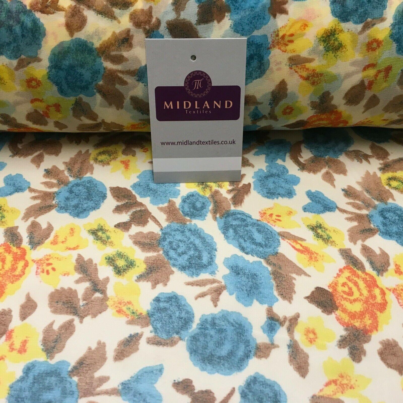 Cream & Turquoise Floral Printed Crepe chiffon Dress Fabric 150 cm MK1190-33