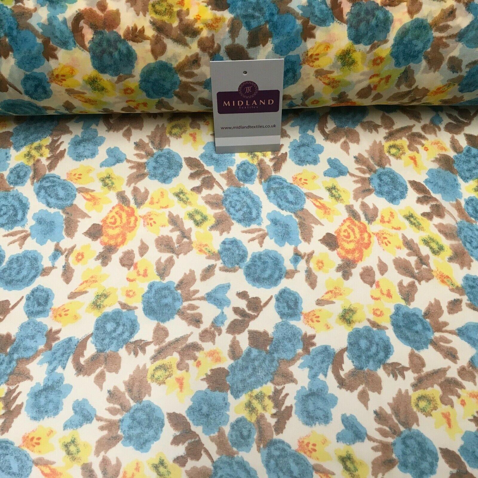 Cream & Turquoise Floral Printed Crepe chiffon Dress Fabric 150 cm MK1190-33