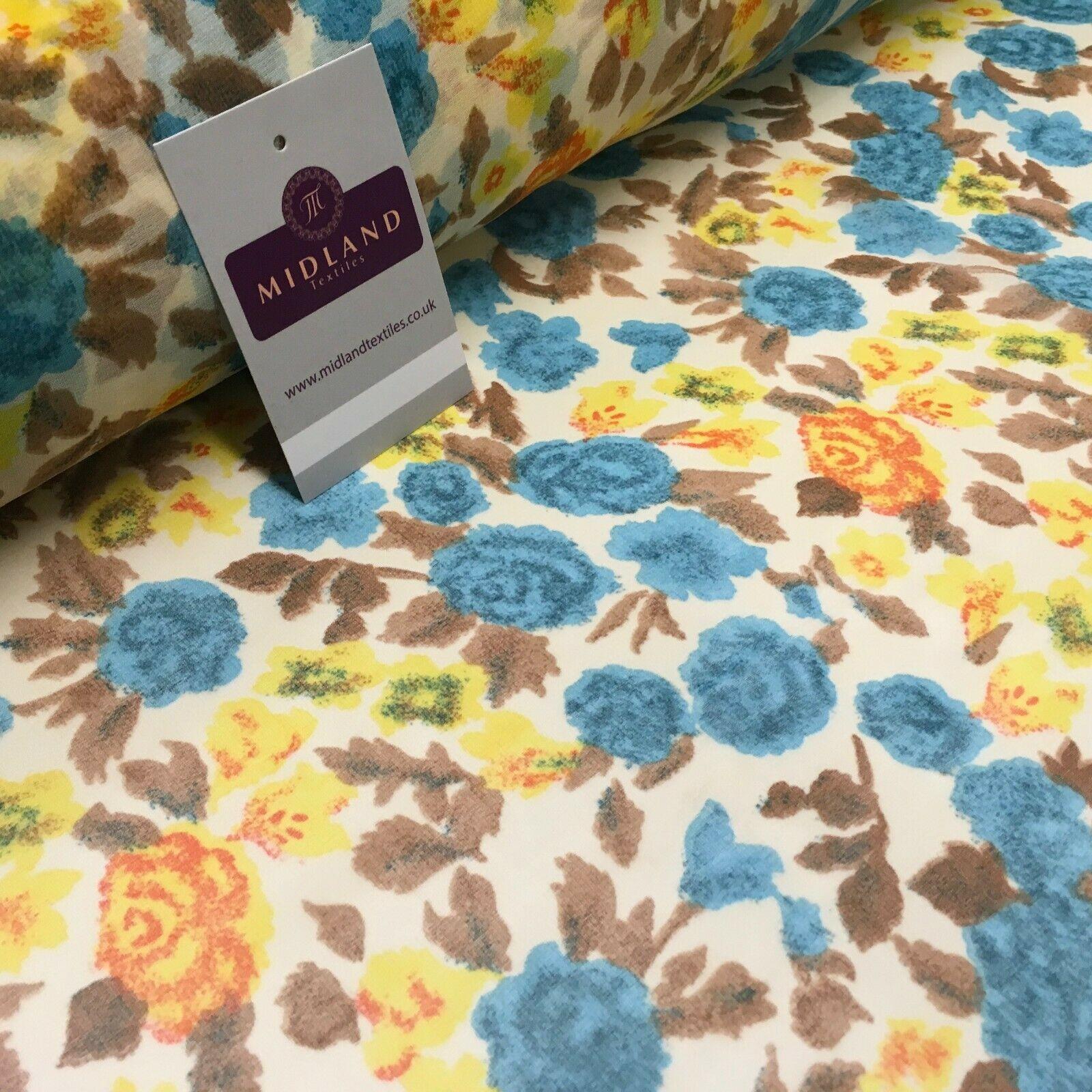 Cream & Turquoise Floral Printed Crepe chiffon Dress Fabric 150 cm MK1190-33