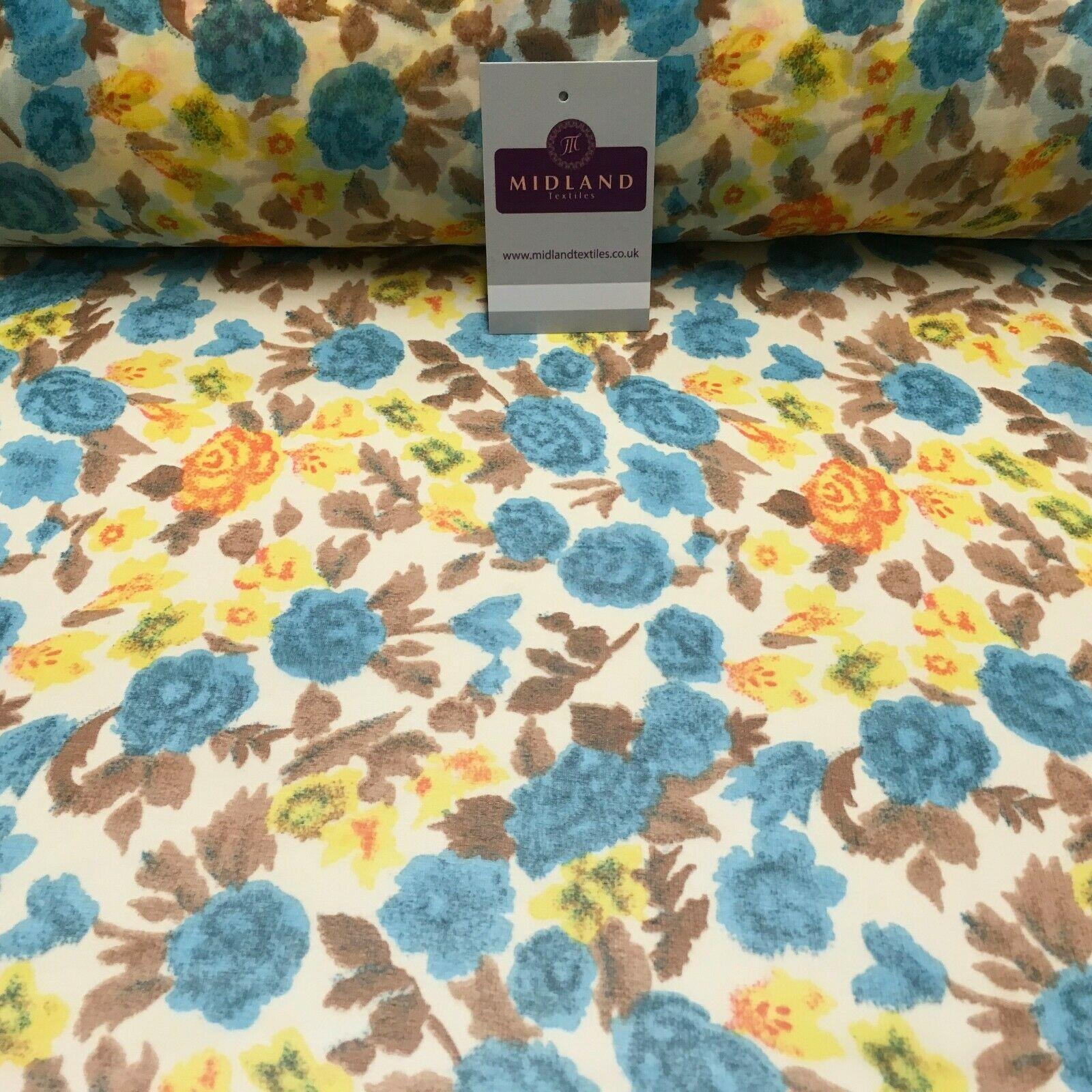 Cream & Turquoise Floral Printed Crepe chiffon Dress Fabric 150 cm MK1190-33