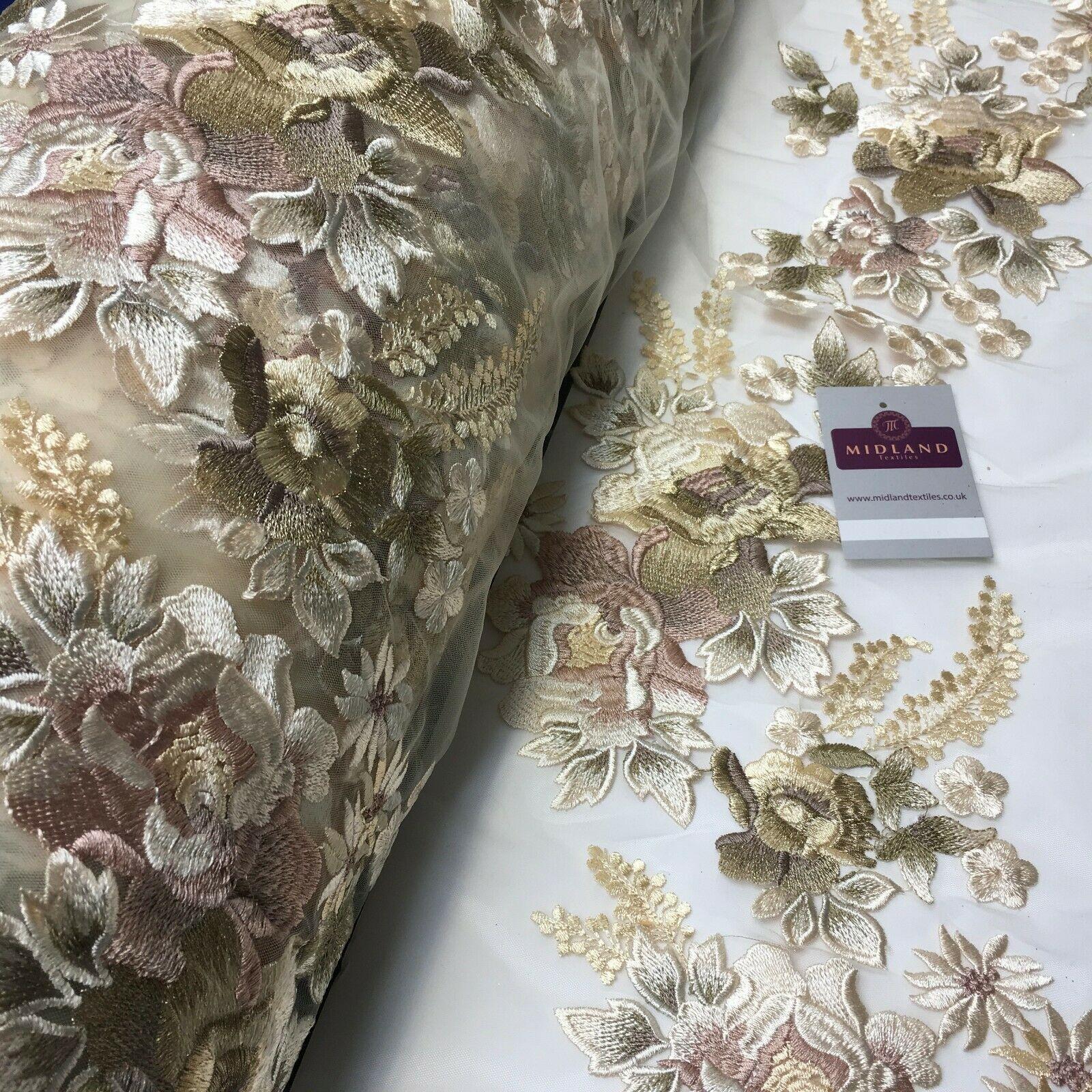 Embroidered Cream Floral Net Border Bridal Dress Fabric 139 cm Wide MV1068-1