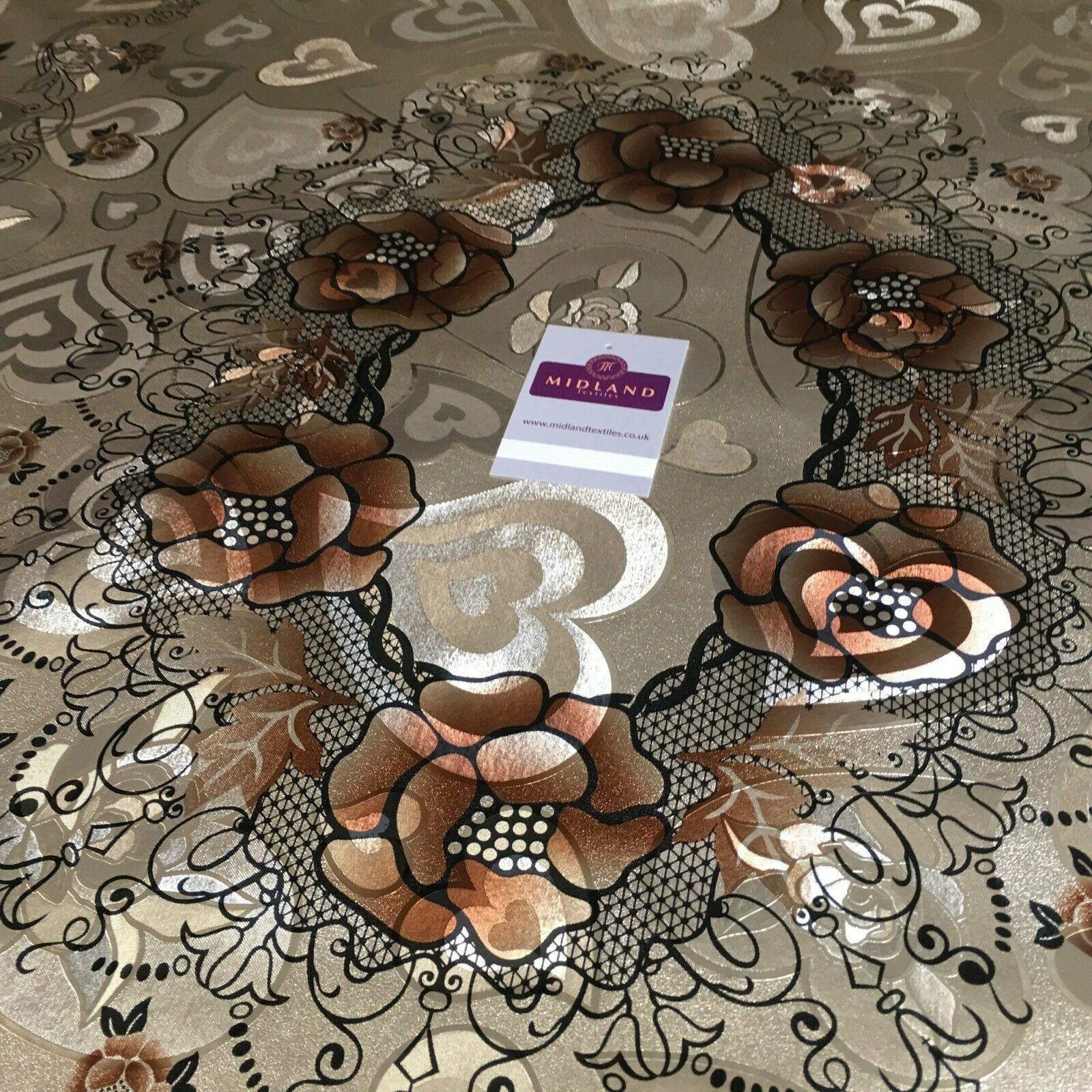 Metallic Gold Hearts Floral Border Wipe clean table cover Fabric 139cm M1204-2
