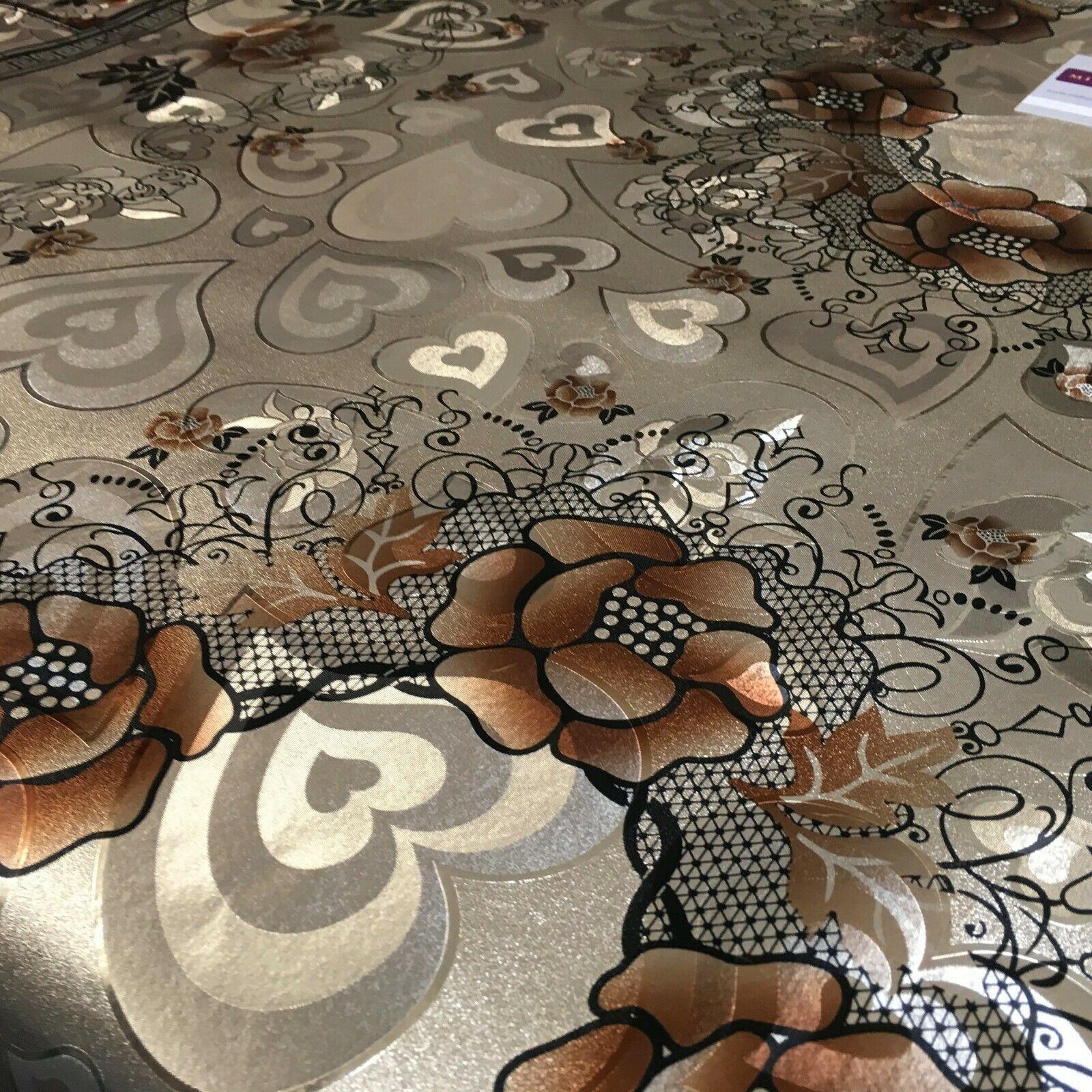 Metallic Gold Hearts Floral Border Wipe clean table cover Fabric 139cm M1204-2