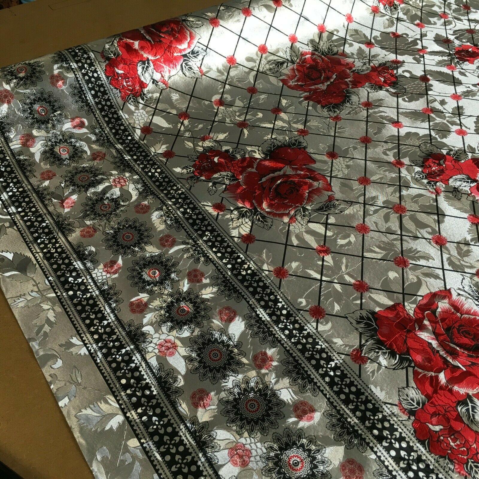 Metallic Silver Floral border Wipe clean table cover Fabric 139 cm M1204 Mtex