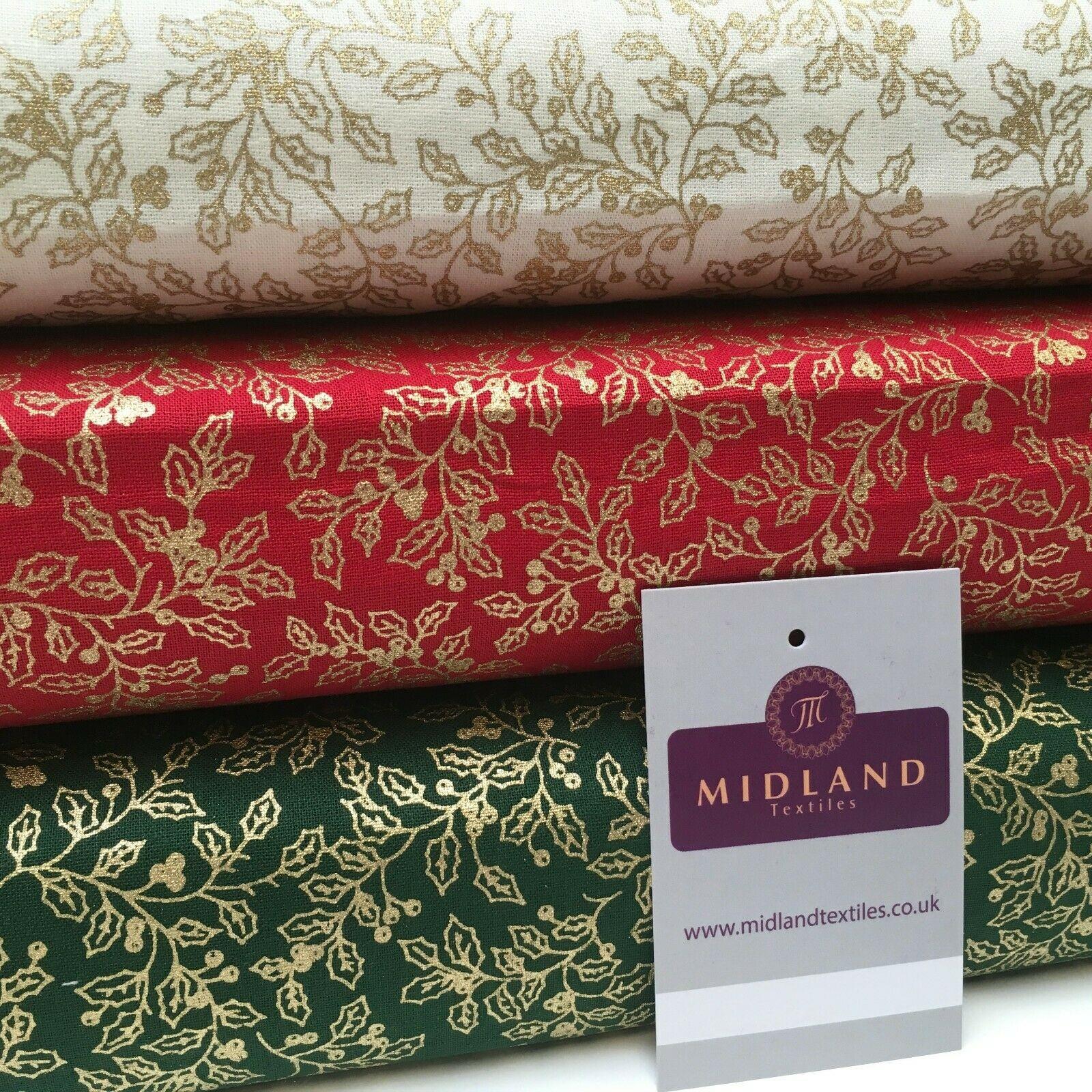 Vintage Christmas Mistletoe 100% Cotton Gold foil Print Fabric 110cm MK1220