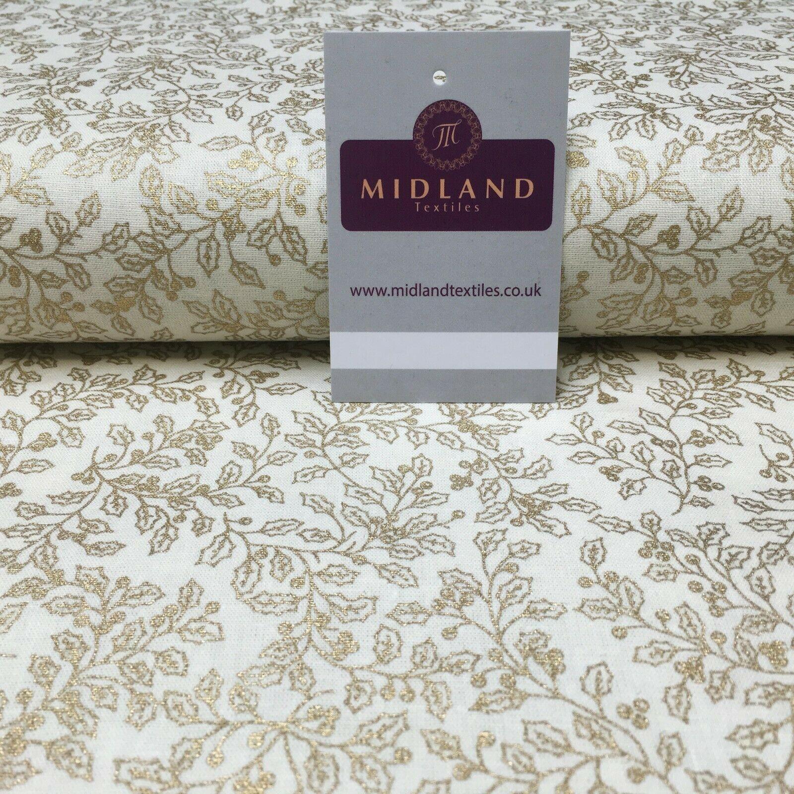 Vintage Christmas Mistletoe 100% Cotton Gold foil Print Fabric 110cm MK1220
