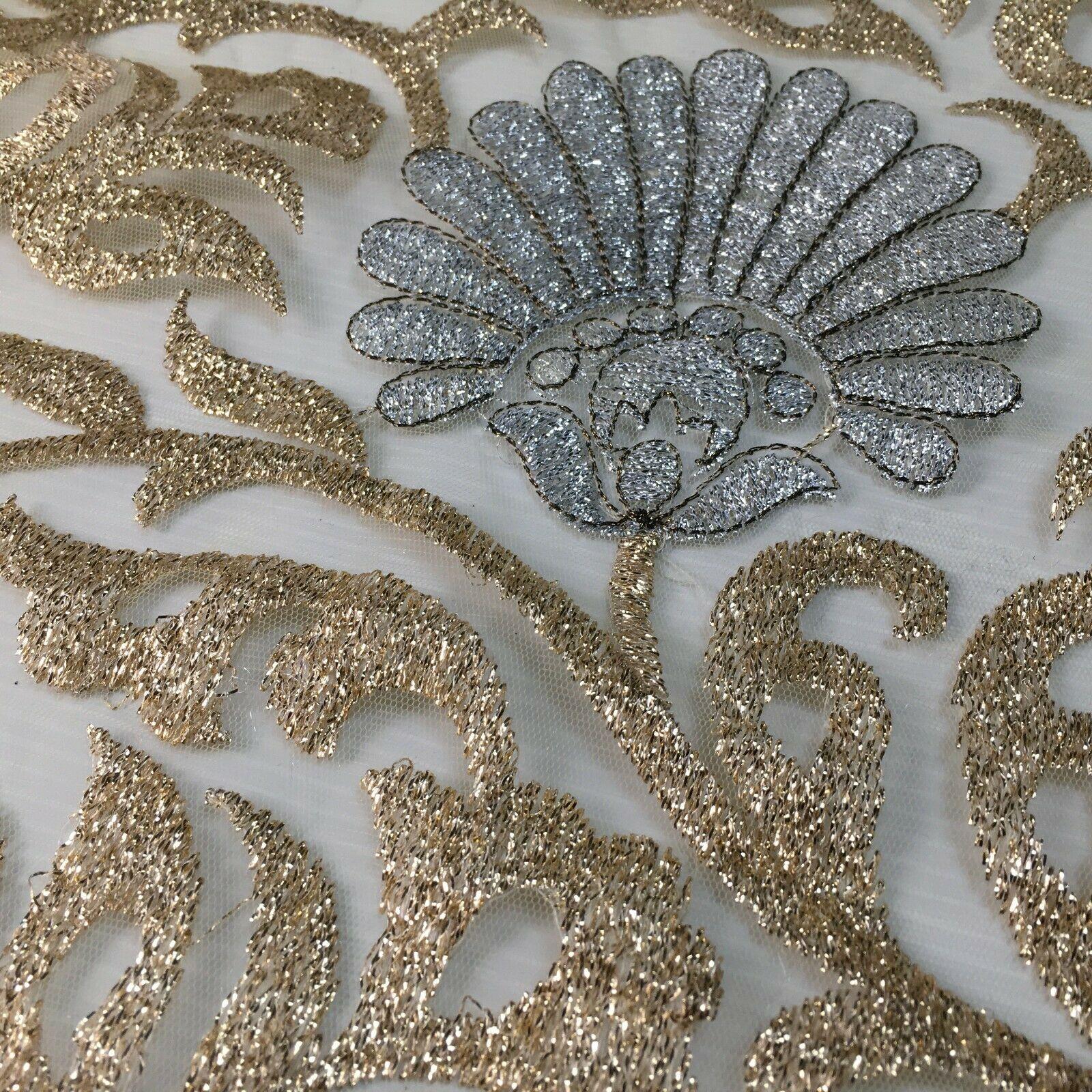 Gold net with silver Floral Ornamental Dress Fabric 100 cm M1209 Mtex