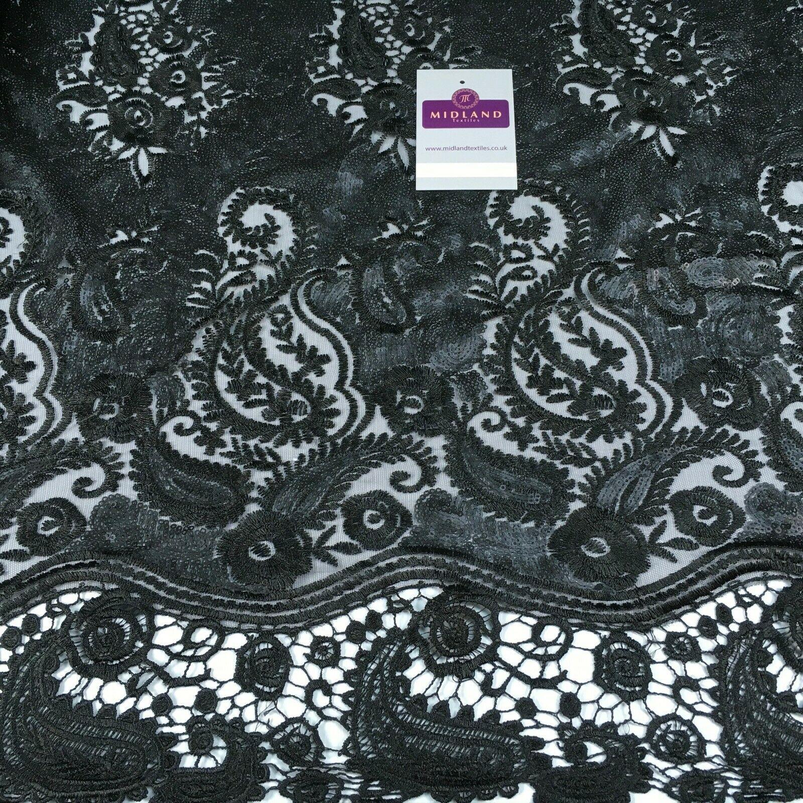Paisley Matt Sequin with Guipure border net mesh dress fabric 150 cm M1209 Mtex