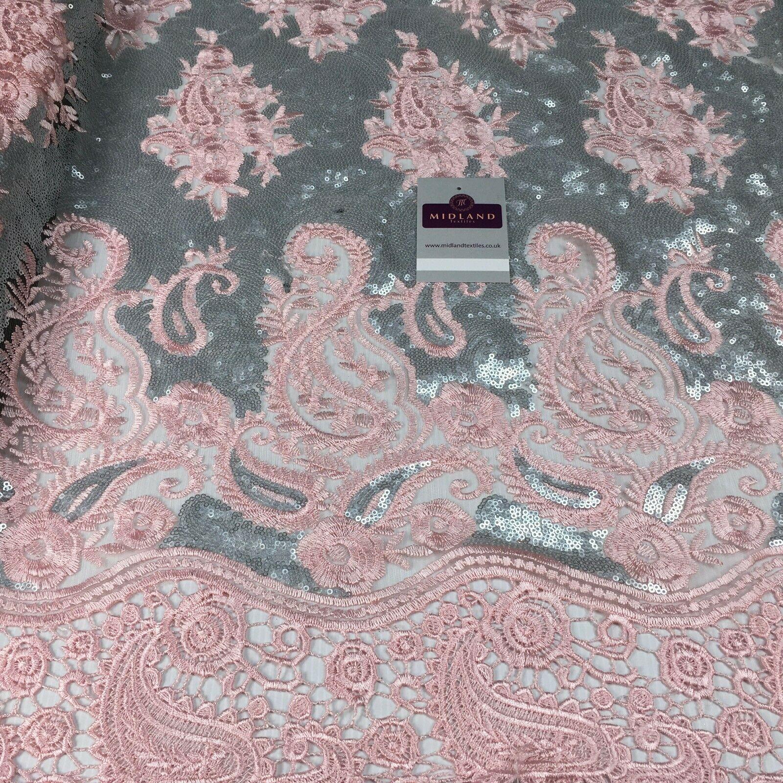 Paisley Matt Sequin with Guipure border net mesh dress fabric 150 cm M1209 Mtex